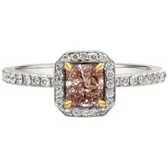 GIA Certified 0.73 Carats Fancy Orangy Pink Cushion Cut Diamond Engagement Ring