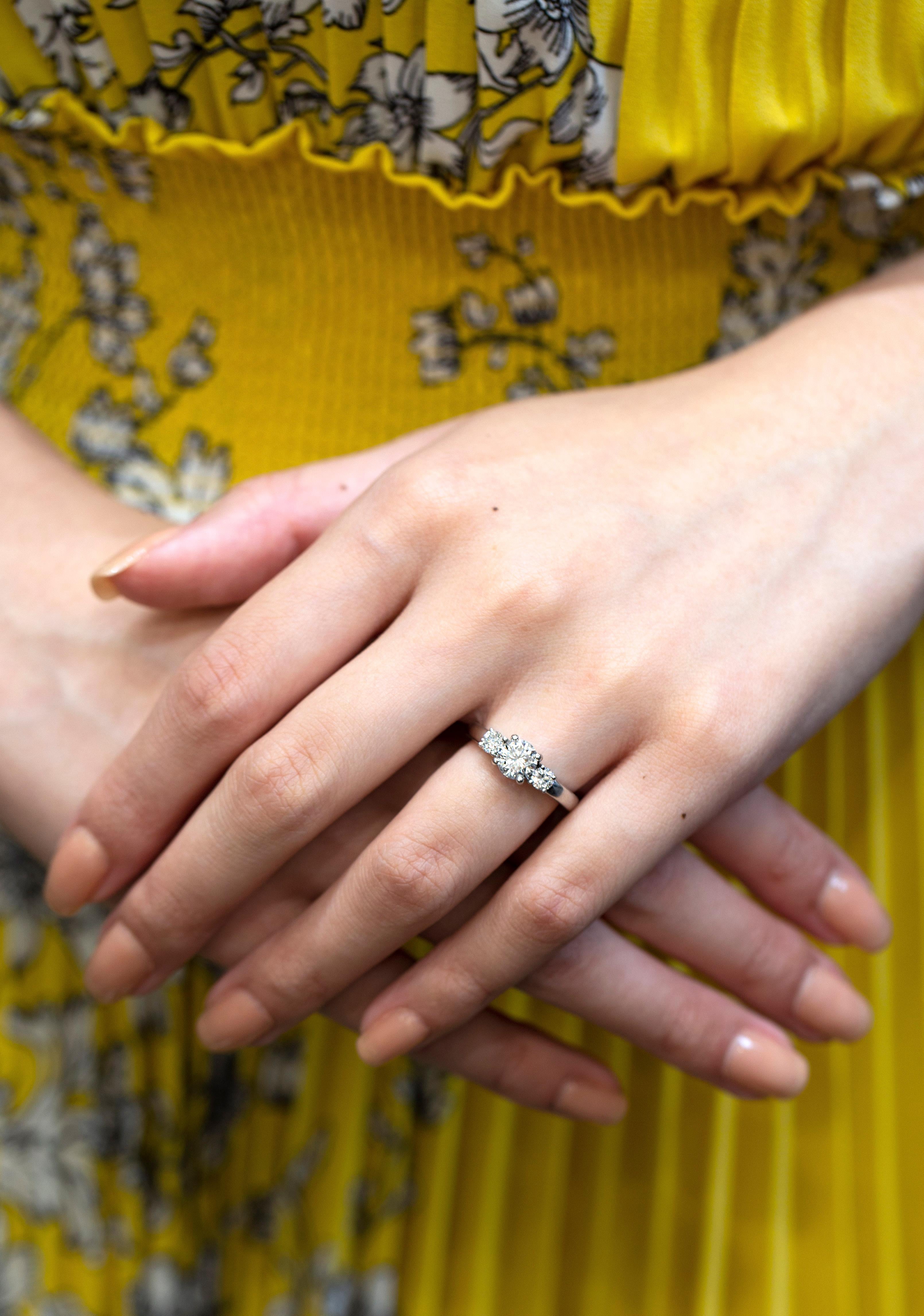 Contemporary Roman Malakov, GIA Certified Three Stone Round Cut Diamond Engagement Ring For Sale