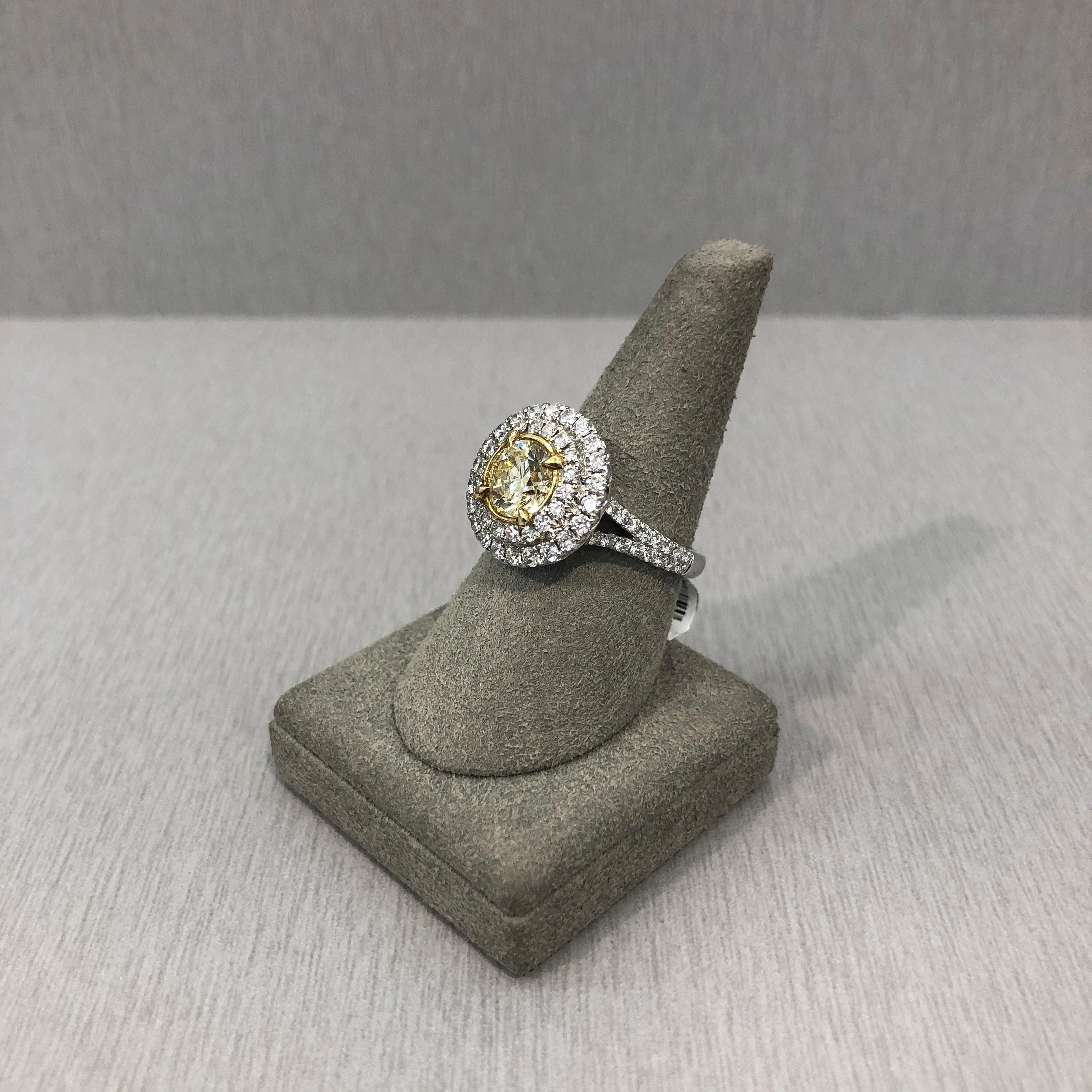 Women's GIA Certified 1.41 Carats Fancy Light Yellow Diamond Double Halo Engagement Ring