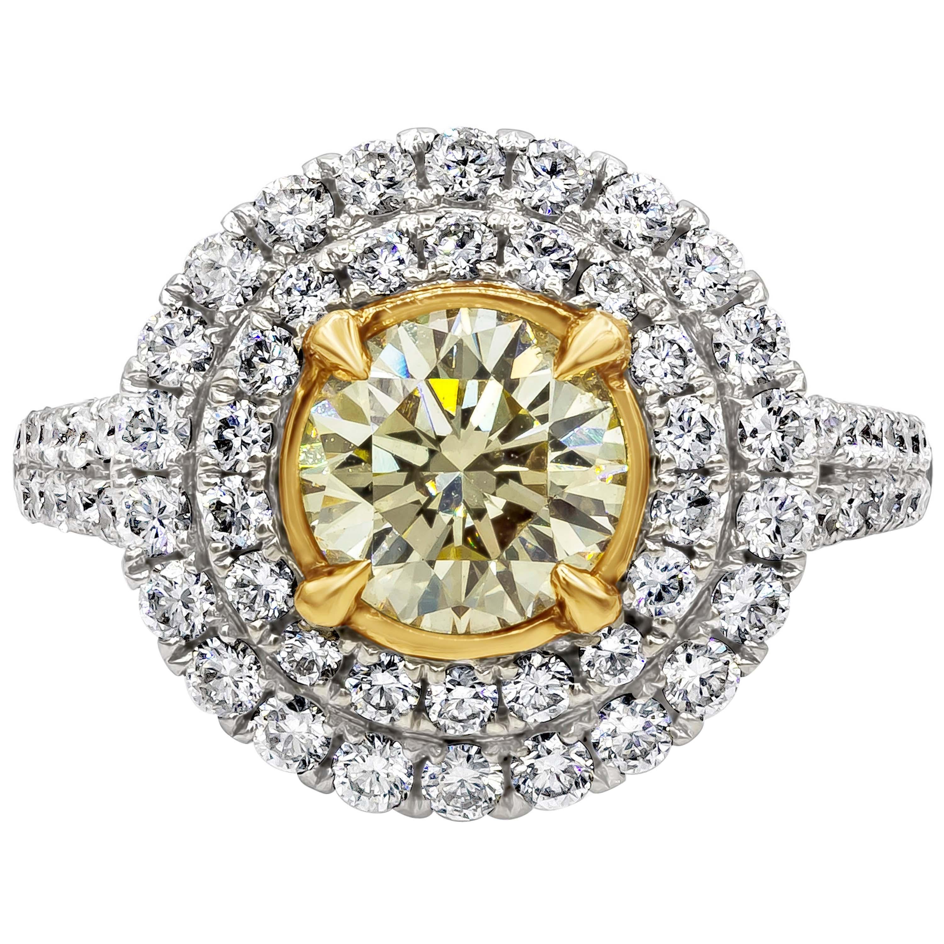 GIA Certified 1.41 Carats Fancy Light Yellow Diamond Double Halo Engagement Ring