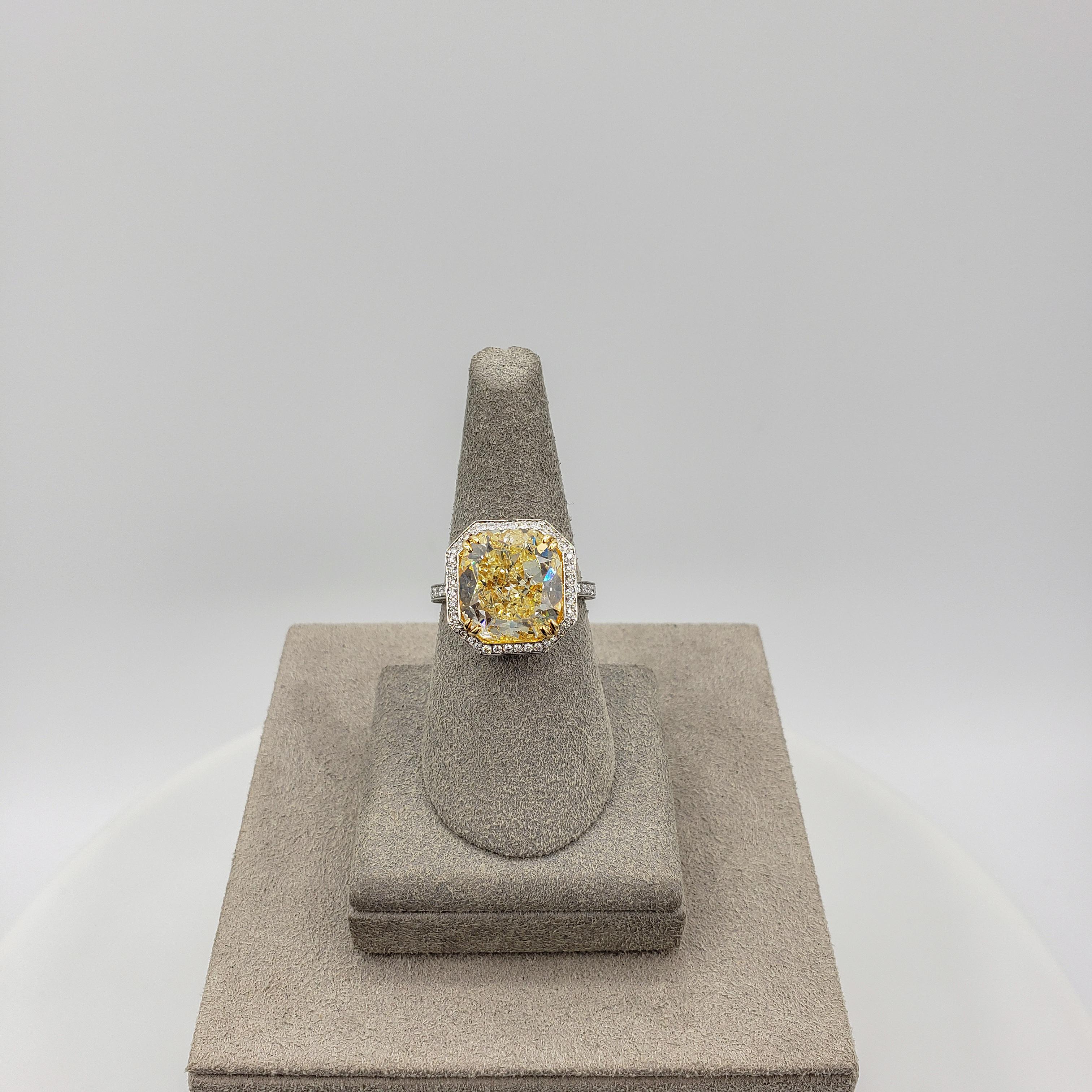 GIA Certified 7.64 Carats Cushion Cut Yellow Diamond Halo Engagement Ring For Sale 1