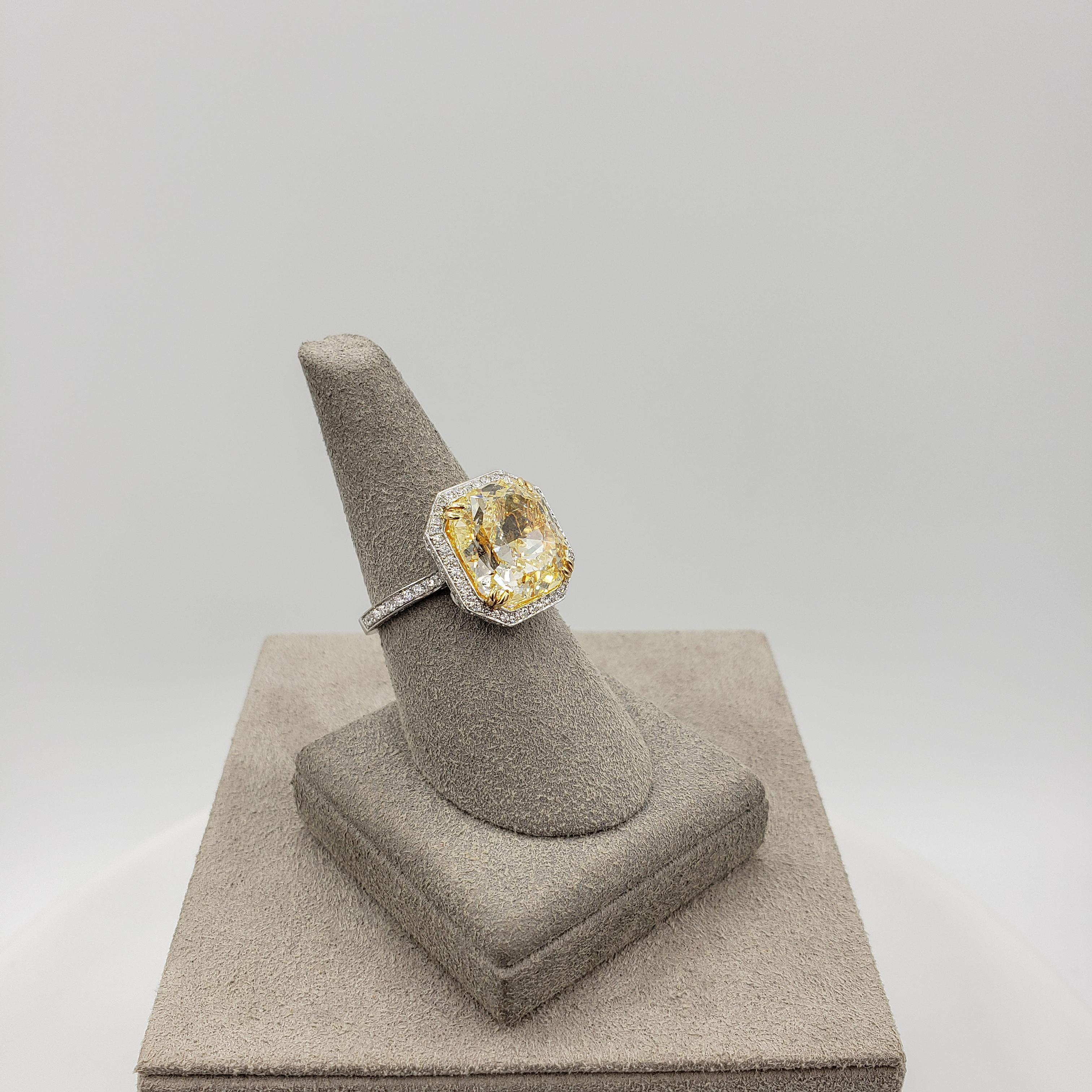 Antique Cushion Cut GIA Certified 7.64 Carat Cushion Cut Fancy Yellow Diamond Halo Engagement Ring For Sale