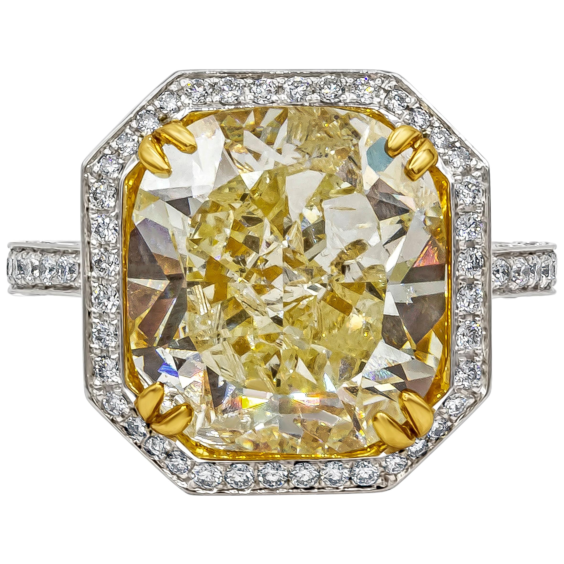 GIA Certified 7.64 Carat Cushion Cut Fancy Yellow Diamond Halo Engagement Ring For Sale
