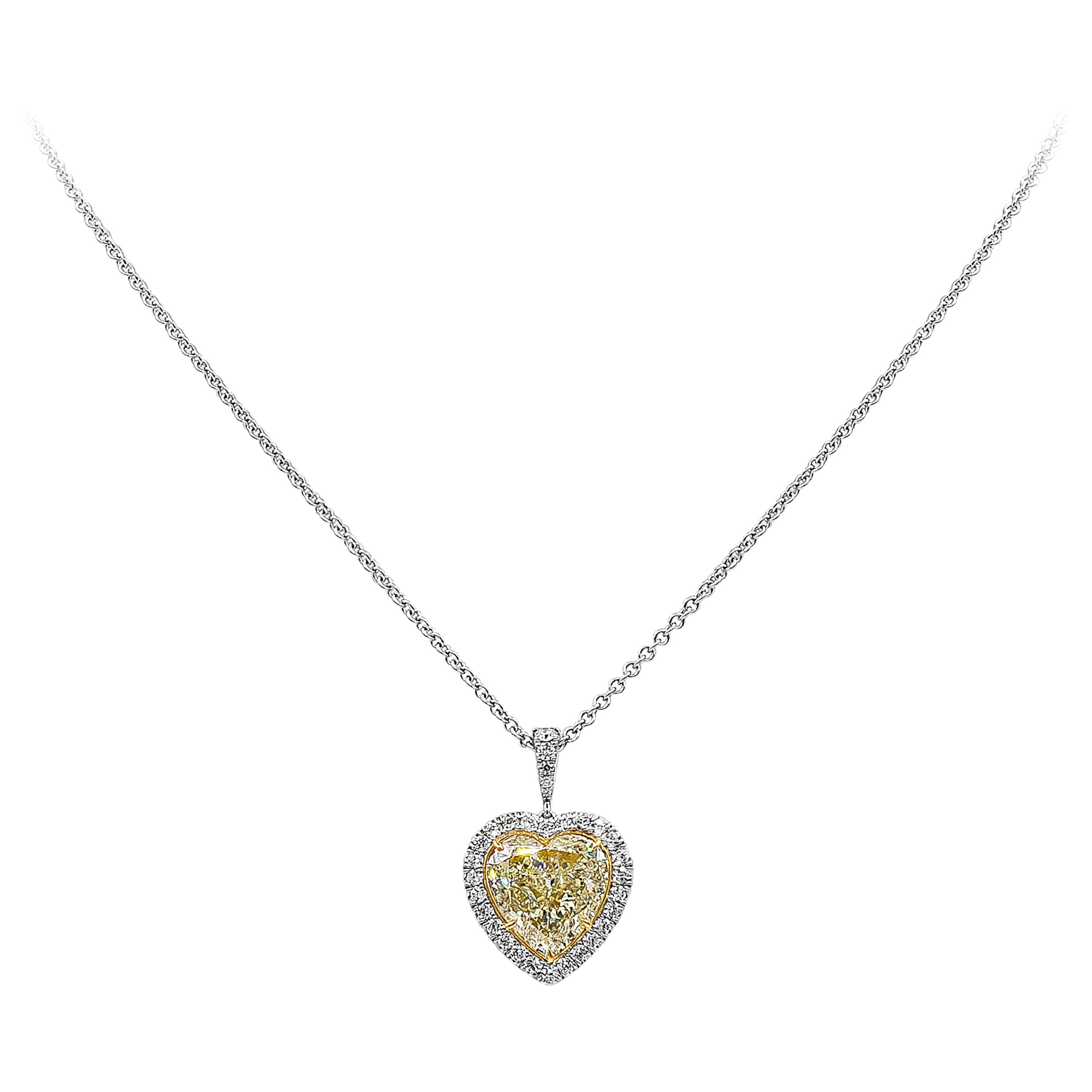 GIA Certified 8.05 Carats Heart Shape Yellow Diamond Halo Pendant Necklace For Sale