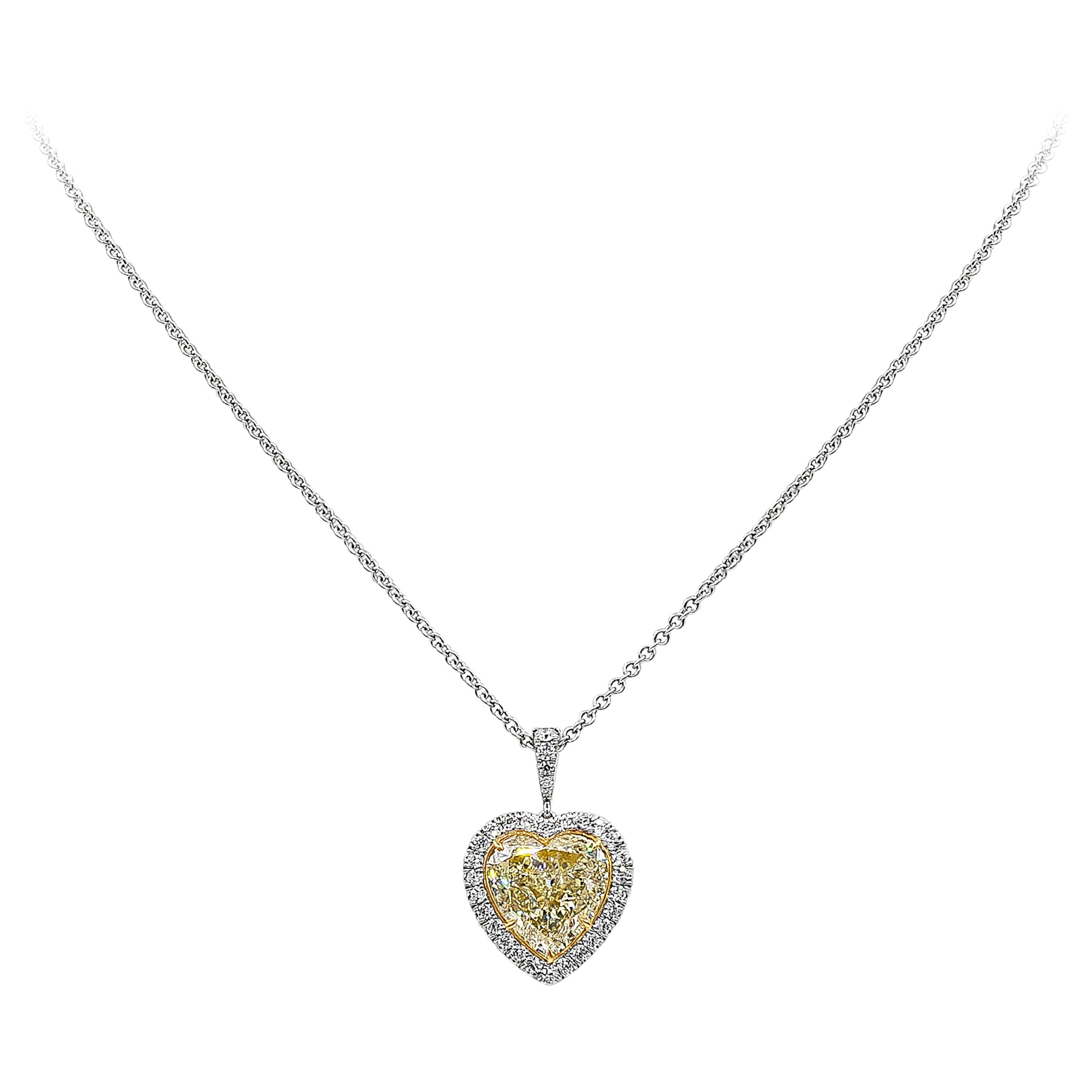 GIA Certified 8.05 Carats Heart Shape Light Yellow Diamond Halo Pendant Necklace