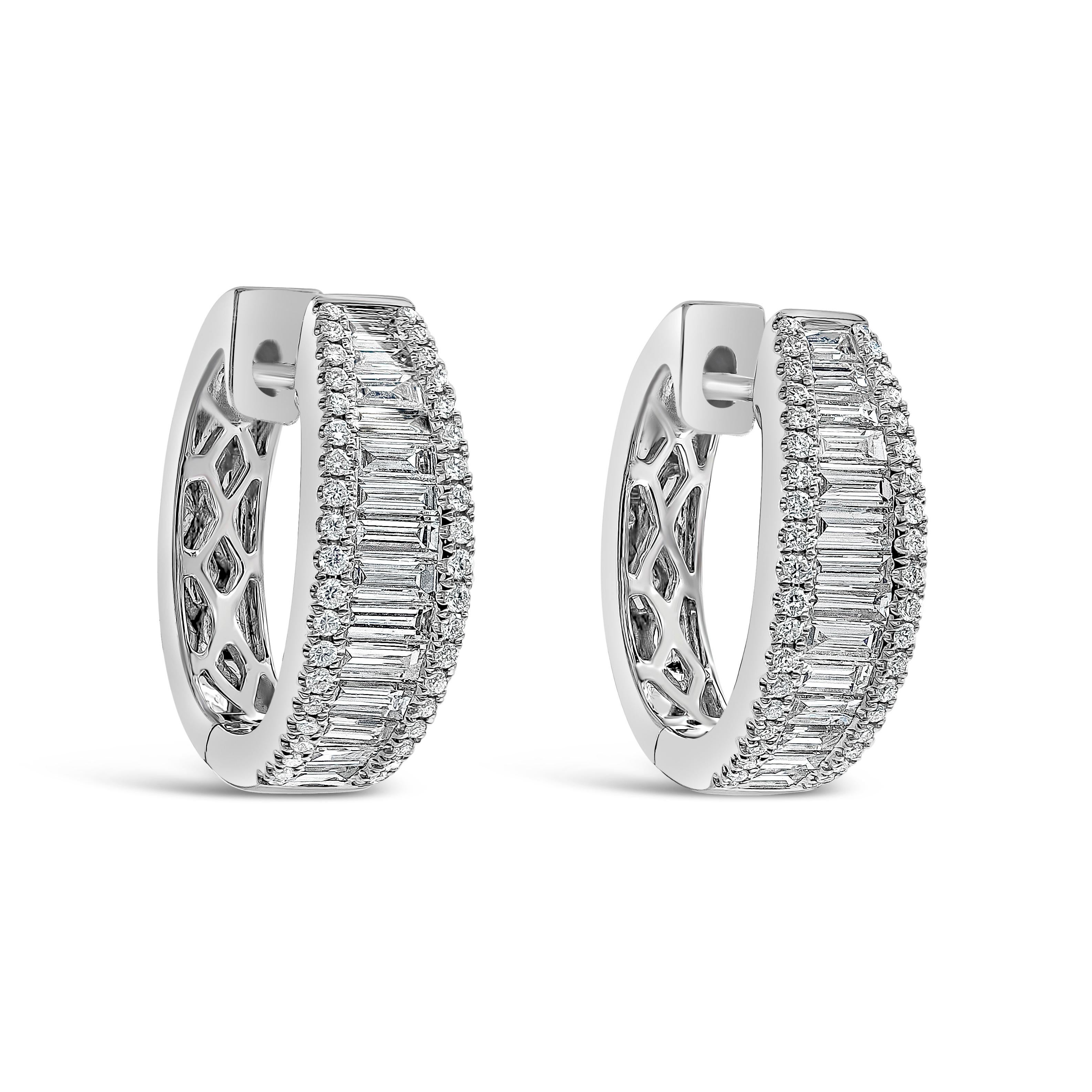 Showcasing step-cut baguette diamonds that graduate in size and channel set in a diamond-encrusted mounting made in 18k white gold. Baguette diamonds weigh 0.97 carats total; round diamonds weigh 0.23 carats total.

Style available in different