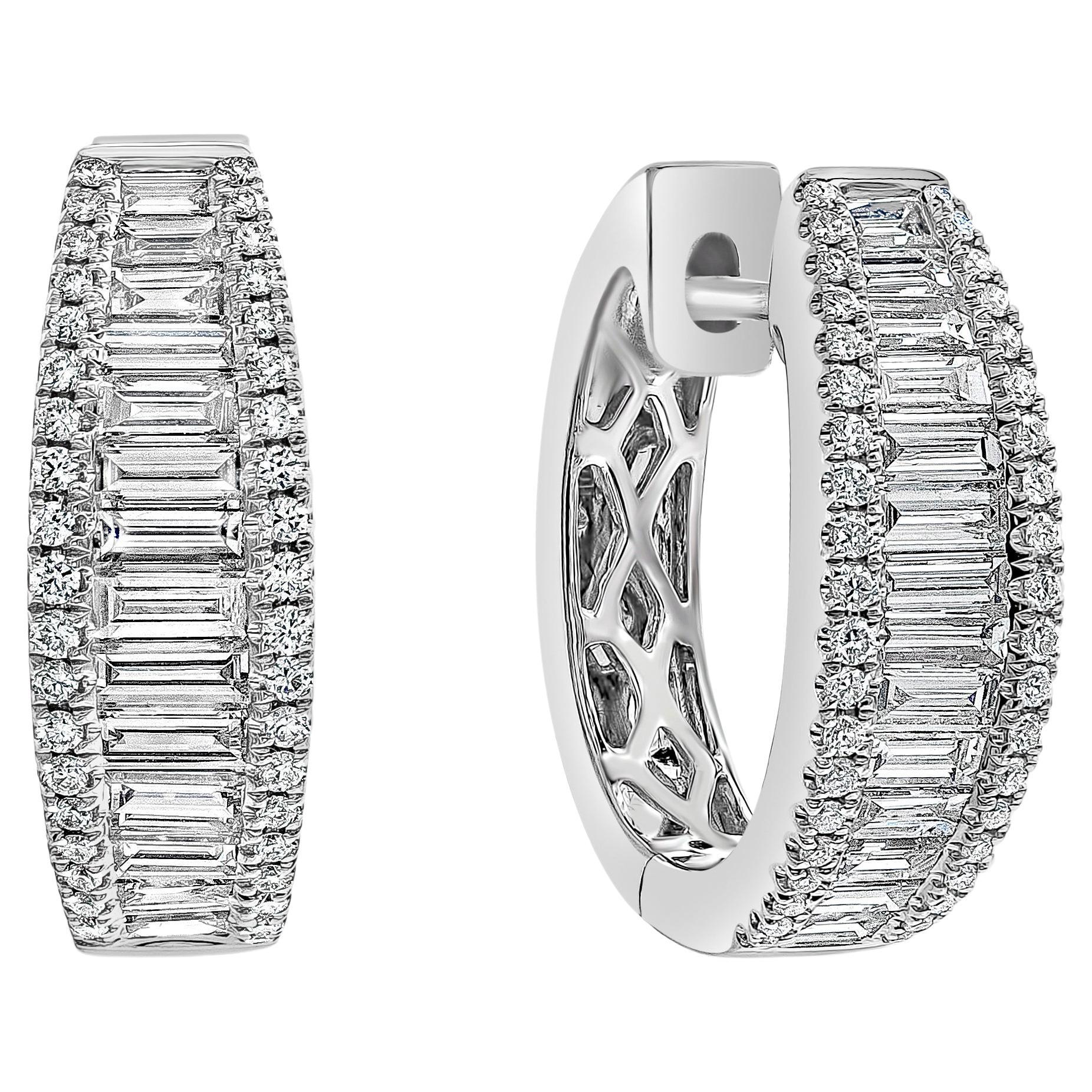 1.20 Carats Total Graduate Baguette and Round Cut Diamond Hoop Earrings For Sale