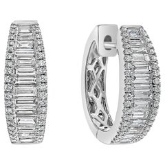 1.20 Carats Total Graduate Baguette and Round Cut Diamond Hoop Earrings