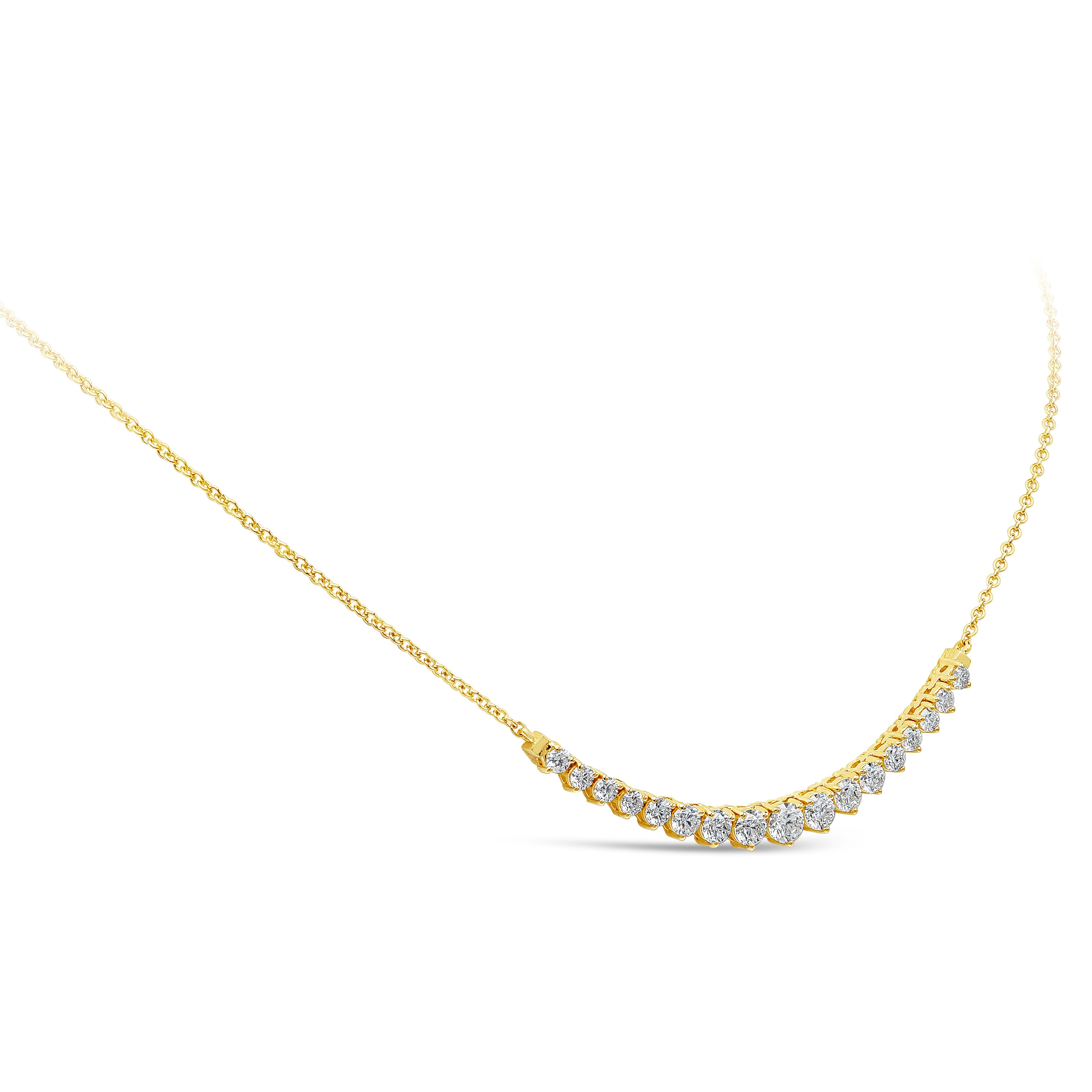 A mini riviere style necklace showcasing graduating rounds, suspended on an 18 inch yellow gold chain. Diamonds weigh 1.91 carats total and are approximately F-G color, SI-I1 clarity. 

Style available in different price ranges. Prices are based on