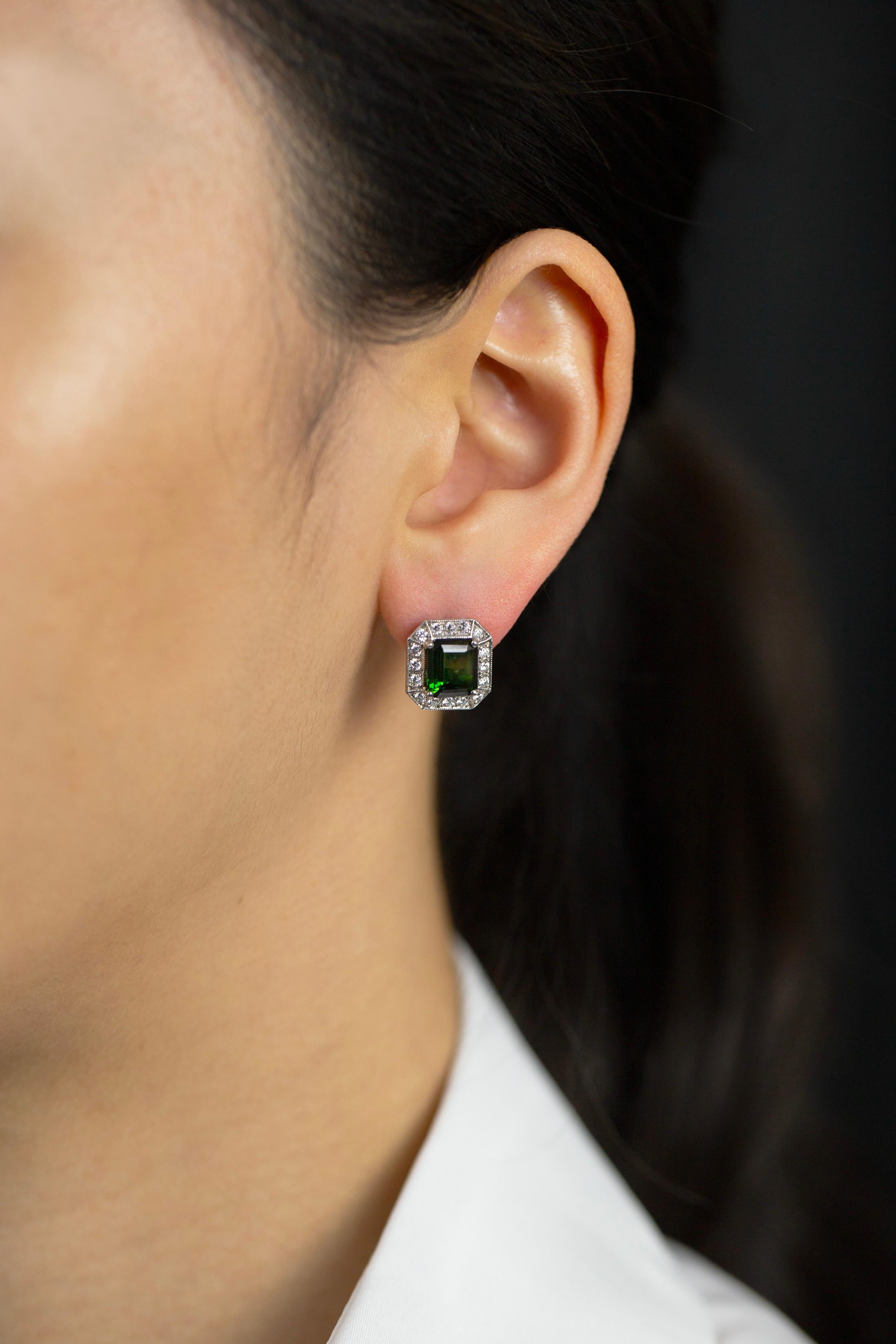 Modern 3.63 Carats Total Green Tourmaline and Round Diamond Halo Clip-On Earrings For Sale