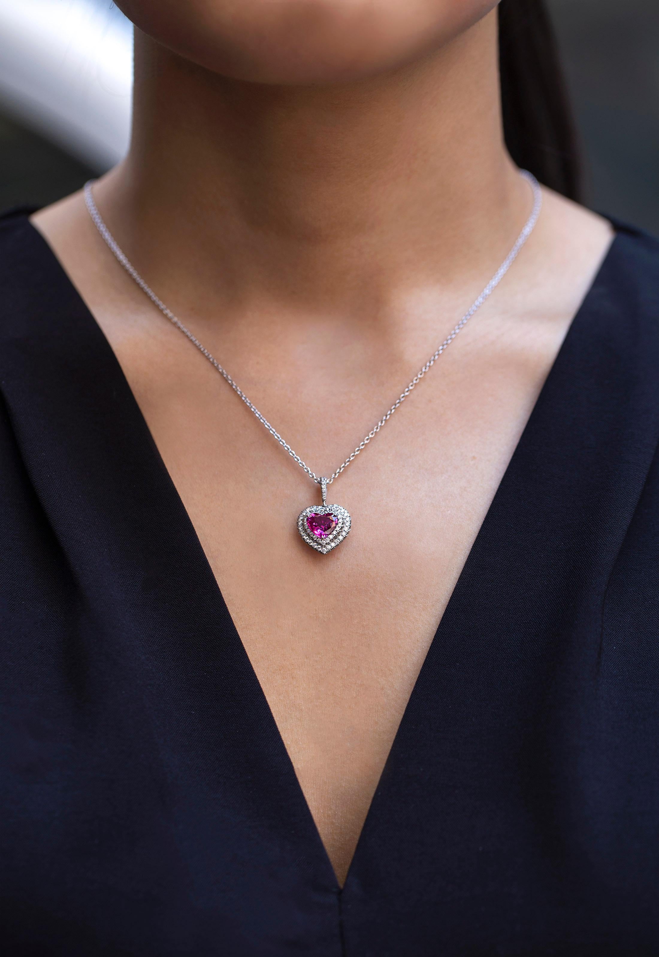 Contemporary Roman Malakov 1.82 Heart Shape Pink Sapphire and Diamond Halo Pendant Necklace  For Sale