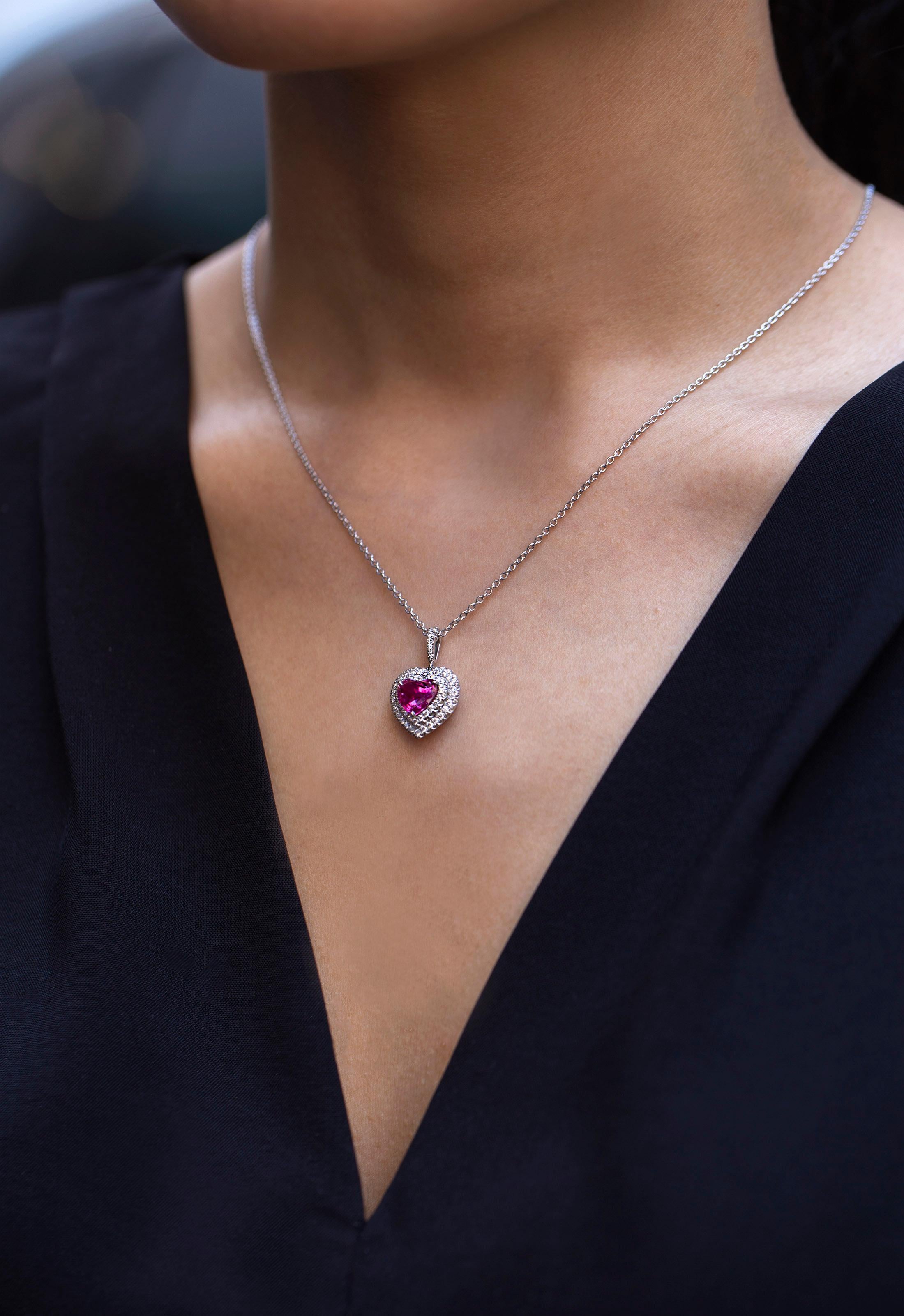 Heart Cut Roman Malakov 1.82 Heart Shape Pink Sapphire and Diamond Halo Pendant Necklace  For Sale