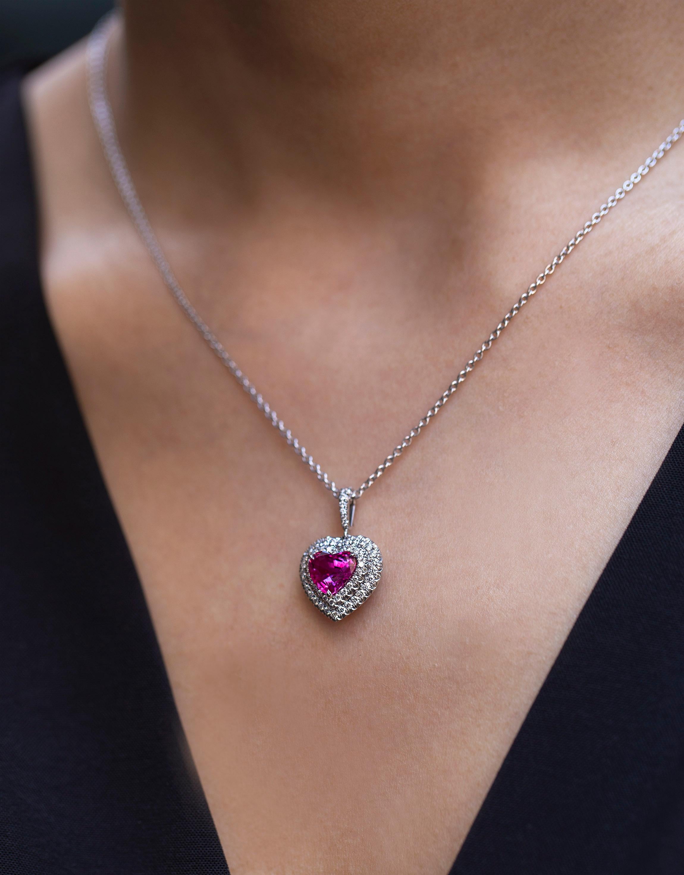 Roman Malakov 1.82 Heart Shape Pink Sapphire and Diamond Halo Pendant Necklace  In New Condition For Sale In New York, NY