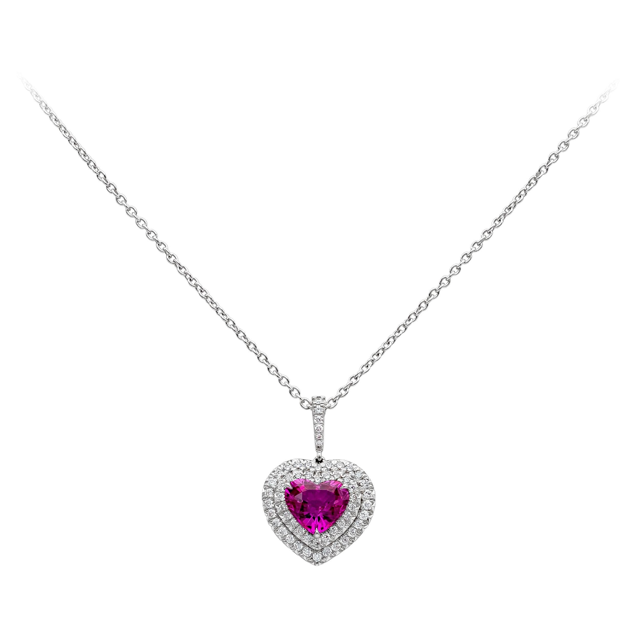 Roman Malakov 1.82 Heart Shape Pink Sapphire and Diamond Halo Pendant Necklace 