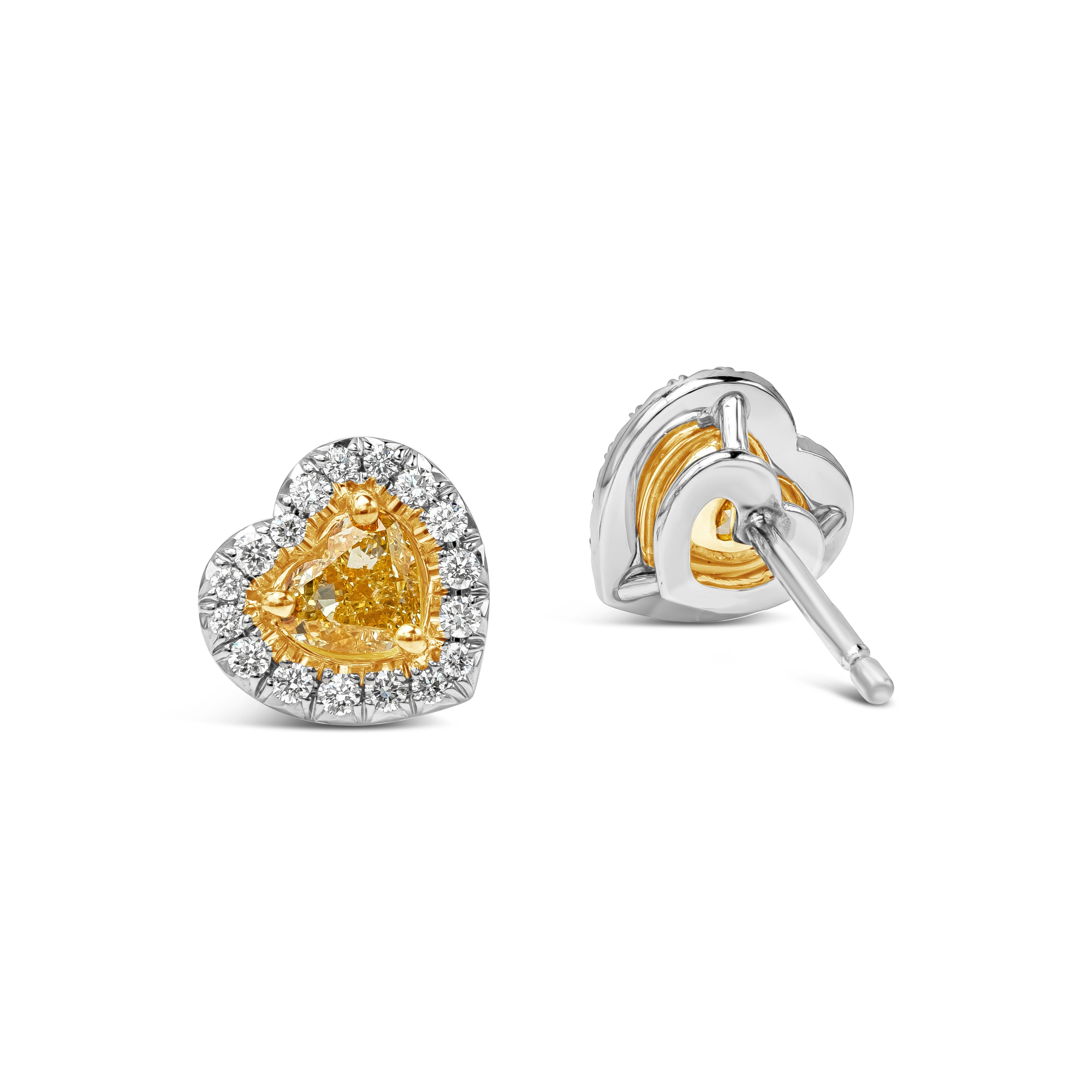 A simple and unique pair of stud earrings showcasing vibrant 0.69 carats total heart shape fancy yellow diamond surrounded by a single row of brilliant round diamonds weighing 0.20 carats total , F Color and VS in Clarity. Finely made in 18k yellow