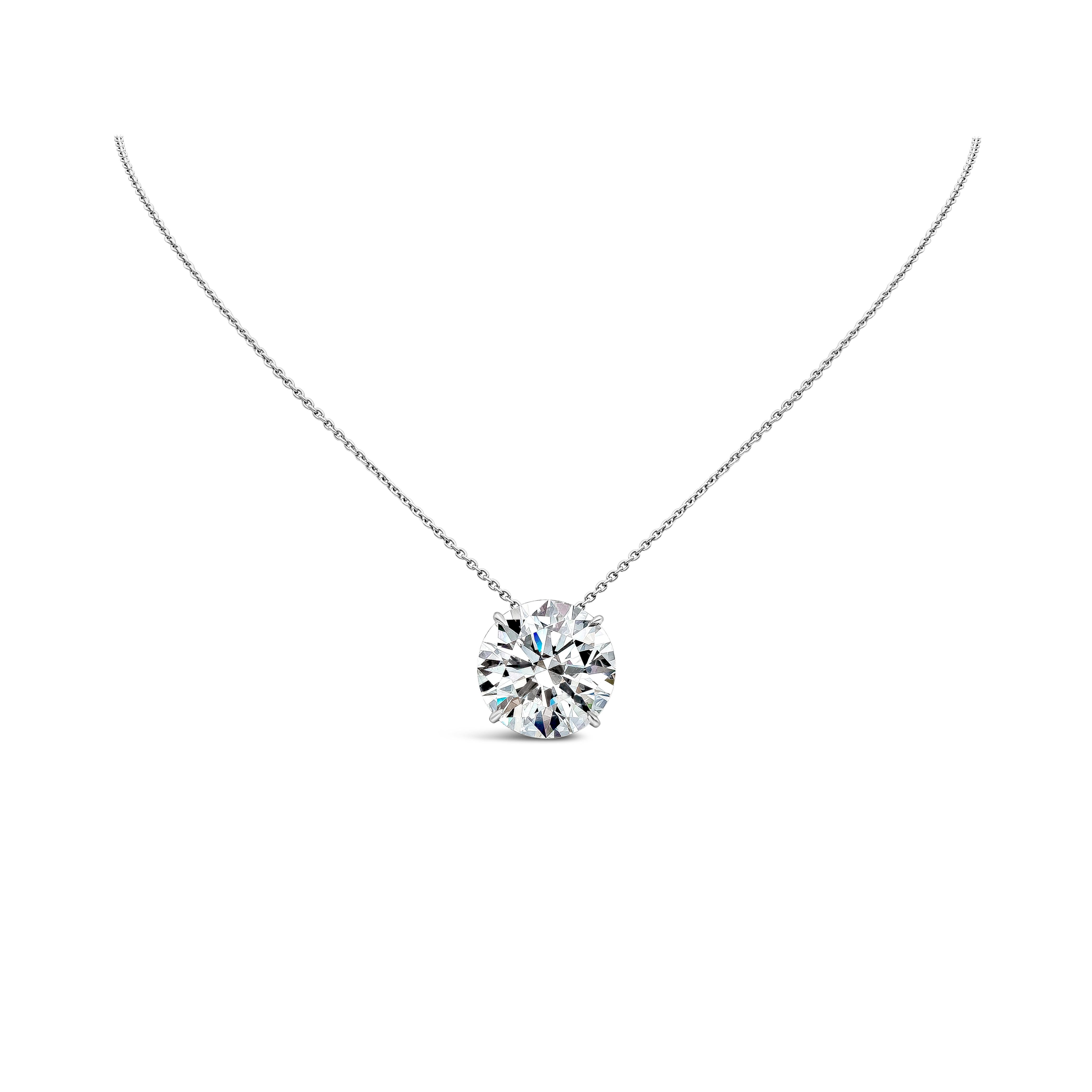 Elegantly made solitaire diamond necklace featuring a HRD certified 10.43 carat brilliant round the diamond, I color, VS2 in clarity. Set in a classic four-prong platinum basket, suspended in an 18 inch platinum chain.