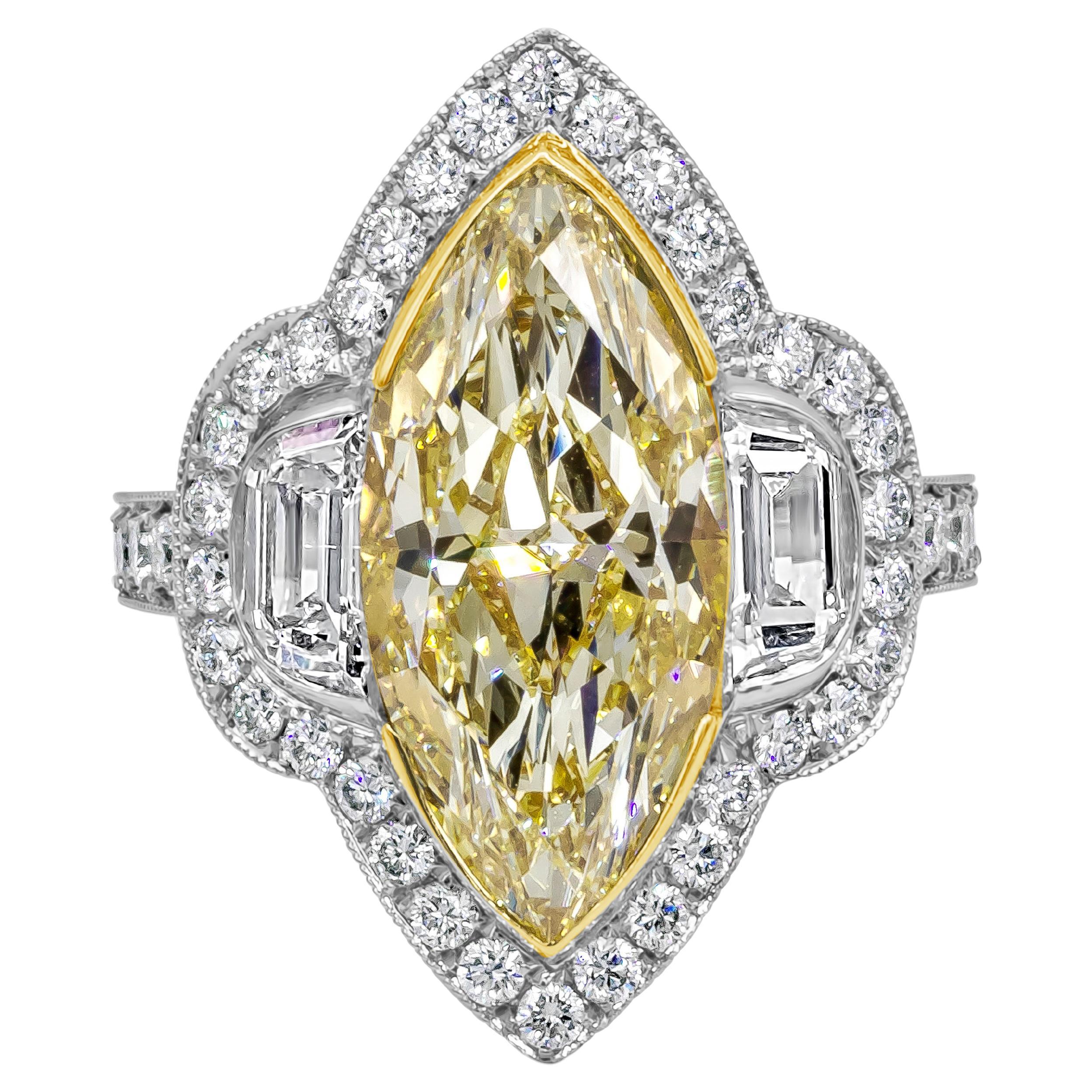 GIA Certified 5.43 Carat Marquise Cut Yellow Diamond Halo Engagement Ring