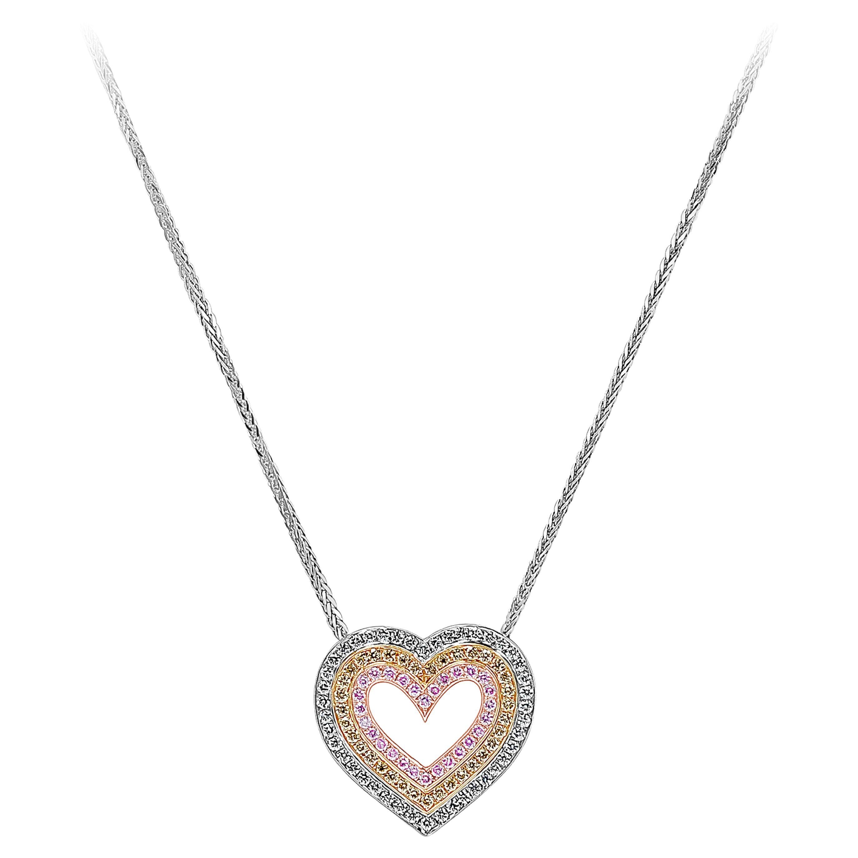 Roman Malakov 0.49 Carats Multi-Color Diamond Open-Work Heart Pendant Necklace For Sale