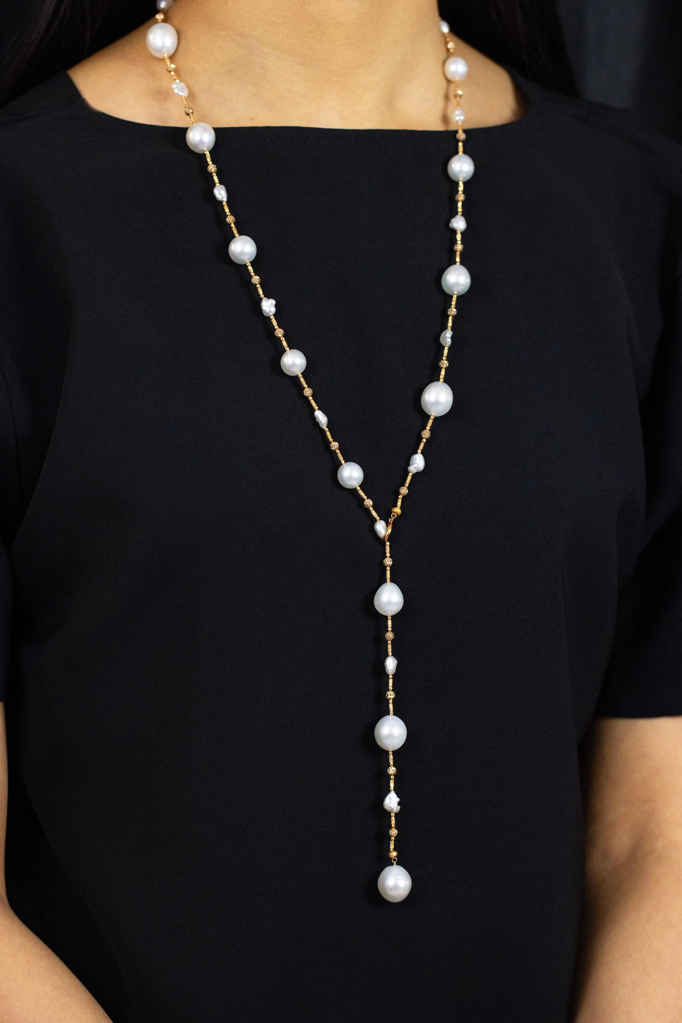 Uncut Roman Malakov Multi-Function South Sea Pearls Rose Gold Long Necklace For Sale