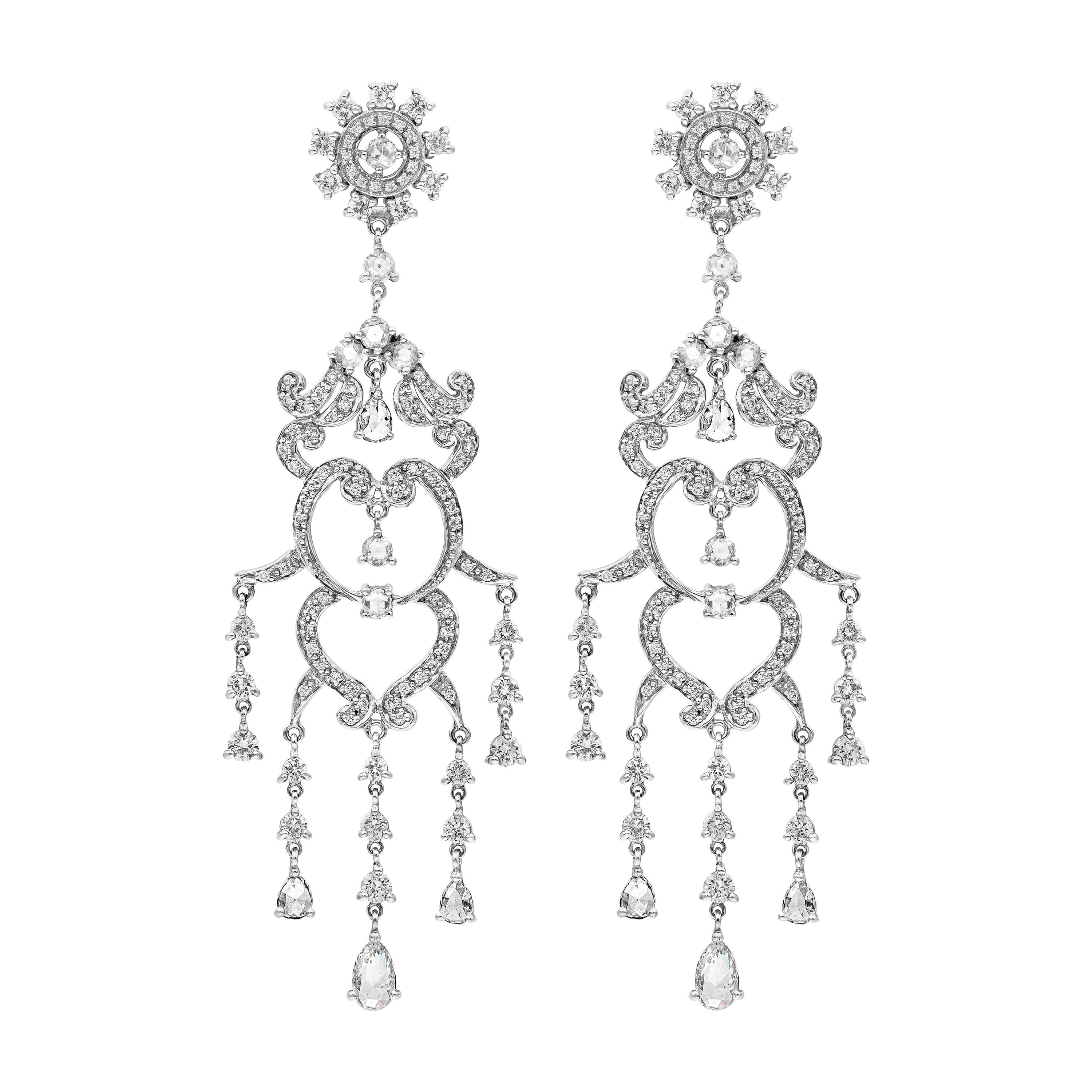 Roman Malakov 6.82 Carats Total Round and Rose Cut Diamond Chandelier Earrings