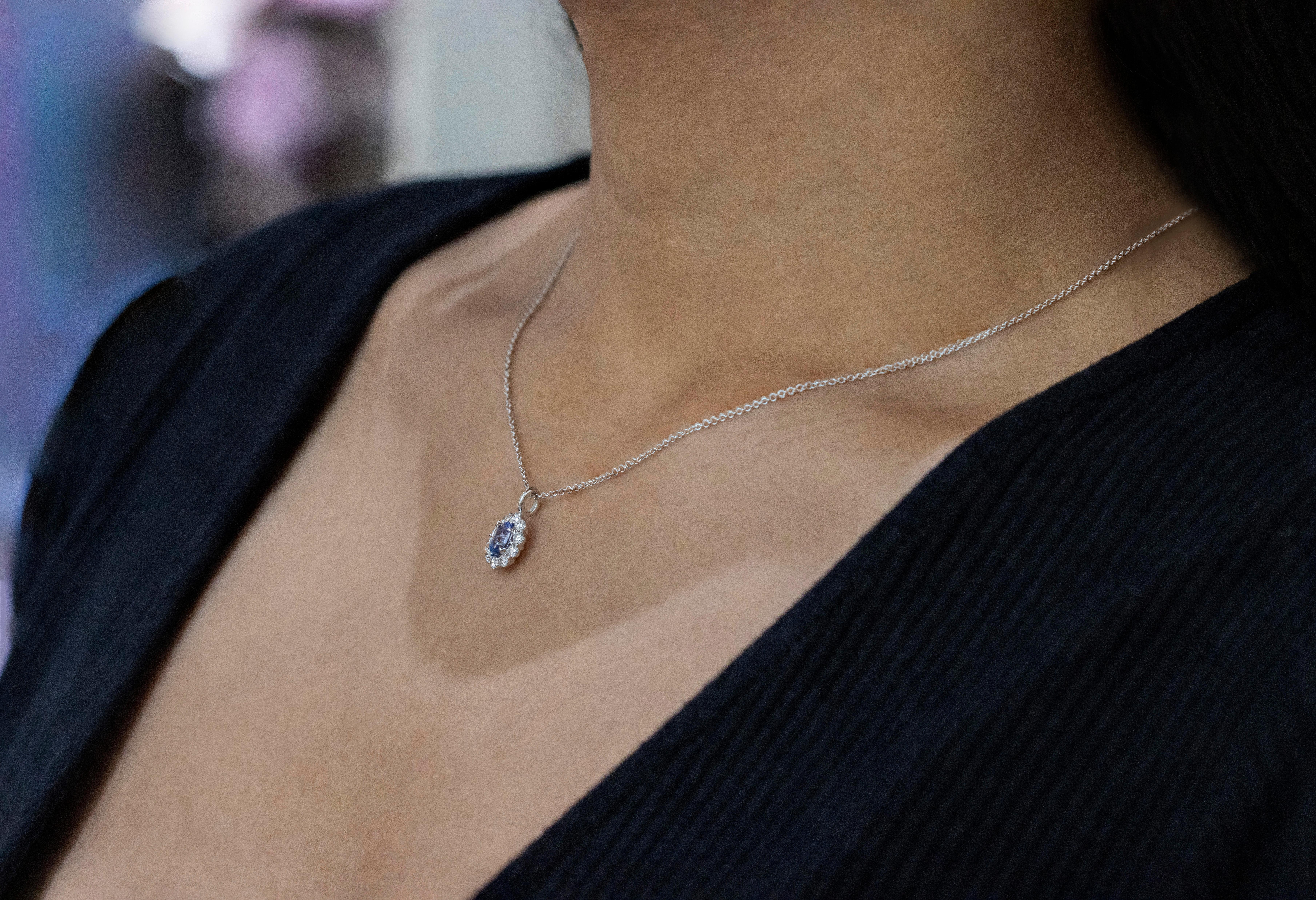 Contemporary Roman Malakov 0.38 Carat Oval Cut Sapphire with Diamond Halo Pendant Necklace For Sale