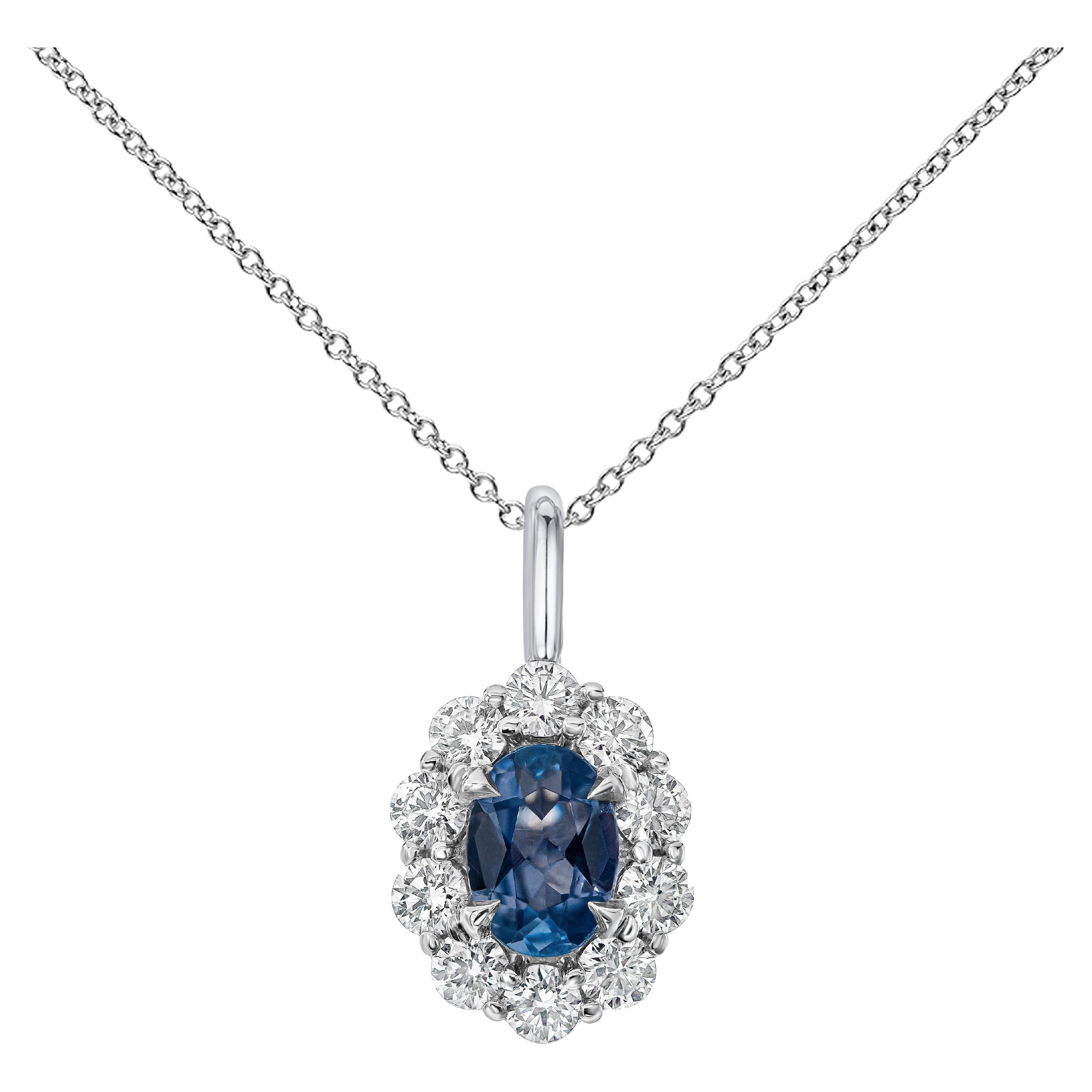 Roman Malakov 0.38 Carat Oval Cut Sapphire with Diamond Halo Pendant Necklace For Sale