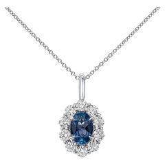 Roman Malakov, Oval Blue Sapphire and Diamond Halo Pendant Necklace