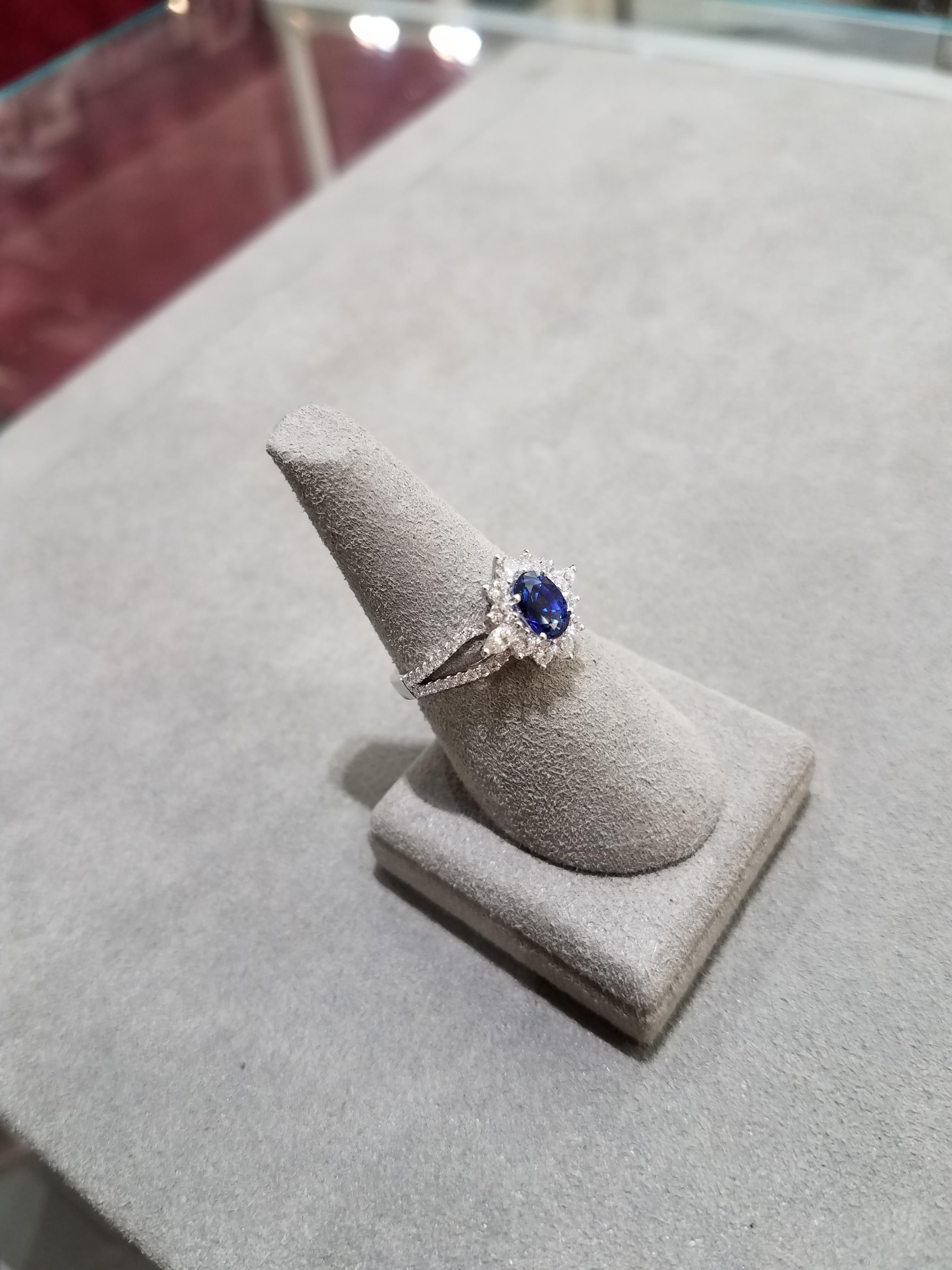 Roman Malakov 1.23 Carat Oval Cut Blue Sapphire and Diamond Halo Engagement Ring In New Condition For Sale In New York, NY