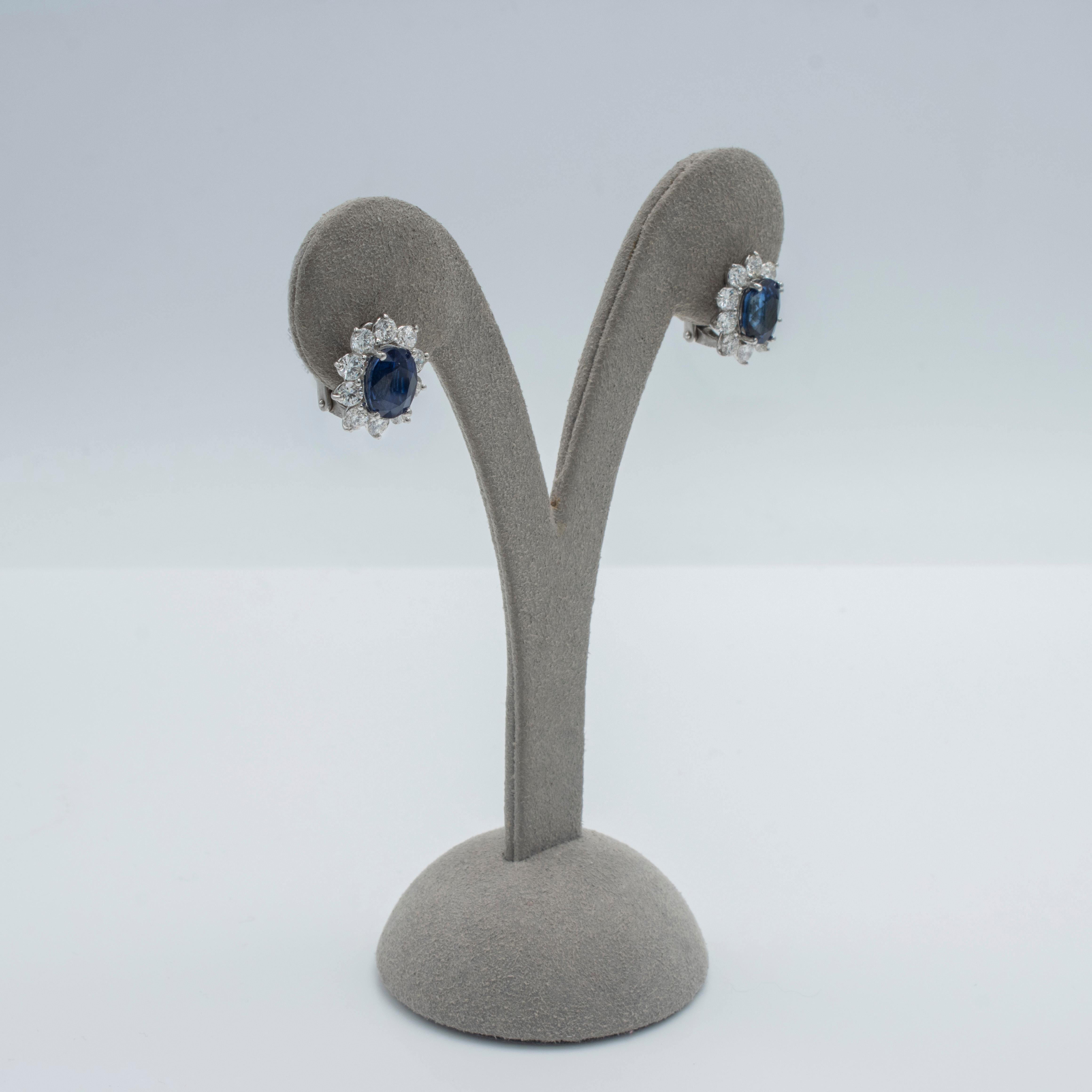 Contemporary Roman Malakov 3.96 Carats Total Oval Cut Blue Sapphire and Diamond Clip Earrings
