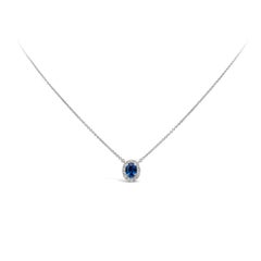 Roman Malakov 0.73 Carat Oval Cut Blue Sapphire & Diamond Halo Pendant Necklace