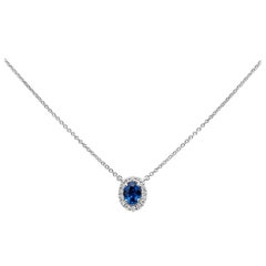 Roman Malakov Oval Cut Blue Sapphire and Diamond Halo Pendant Necklace