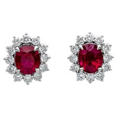 Roman Malakov 2.09 Carat Oval Cut Ruby And Diamond Halo Stud Earrings