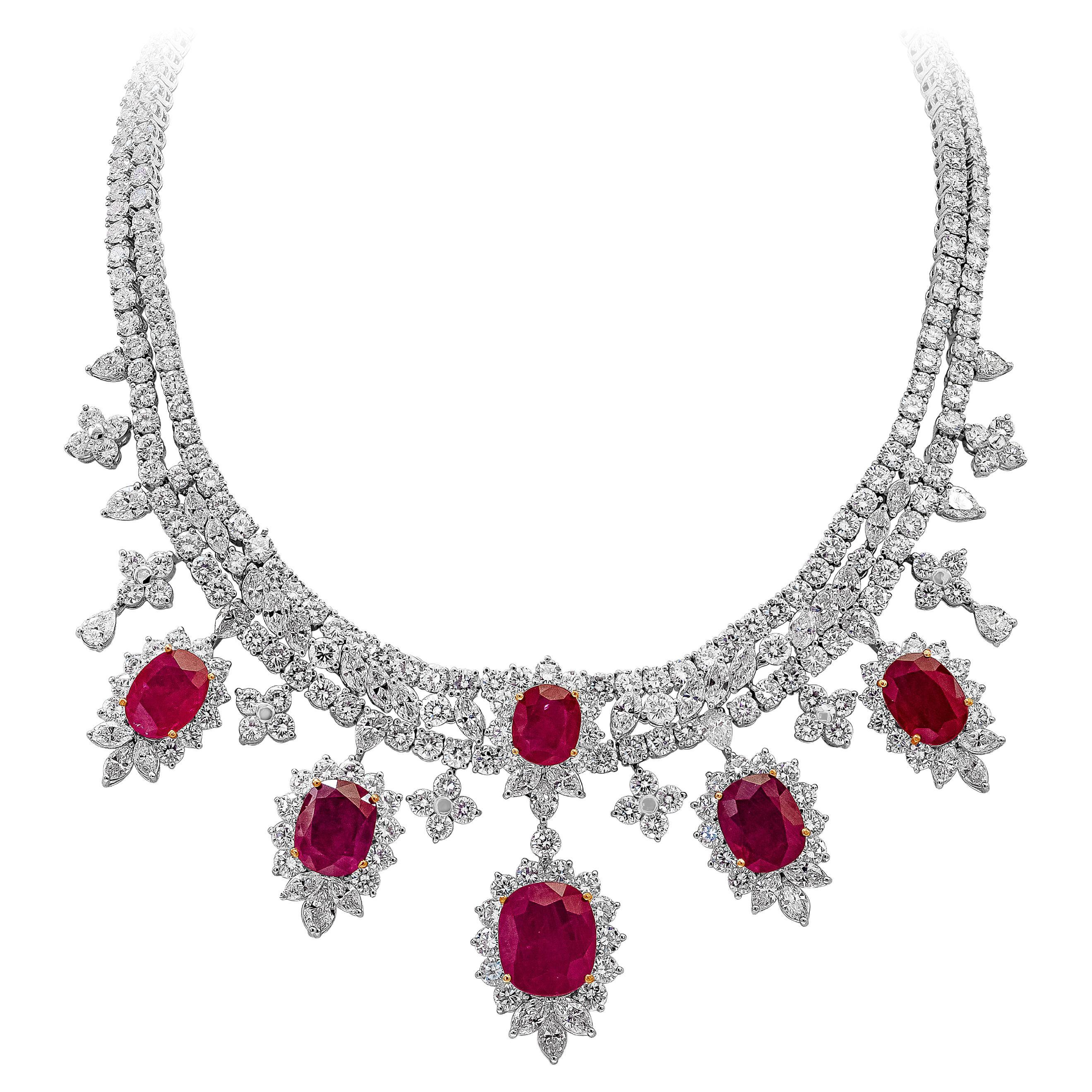 Roman Malakov, Oval Cut Ruby and Diamond Necklace in 18k White Gold at ...