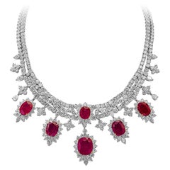 Roman Malakov, Oval Cut Ruby and Diamond Necklace in 18k White Gold