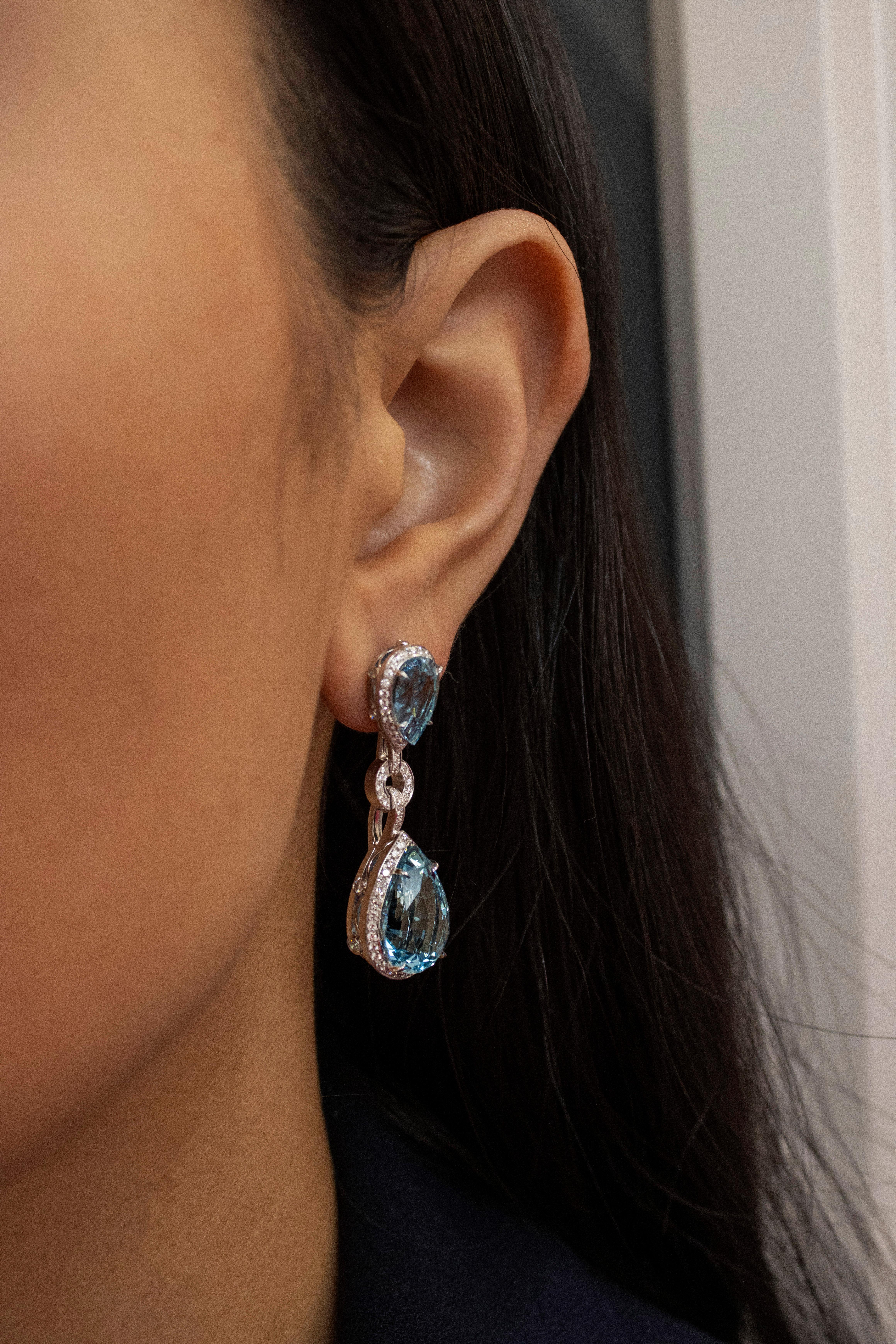 Pear Cut Roman Malakov 15.69 Carat Pear Shape Aquamarine and Diamond Halo Dangle Earrings For Sale