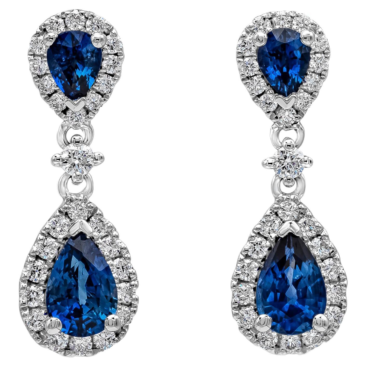 Roman Malakov Pear Shape Blue Sapphire and Diamond Dangle Earrings