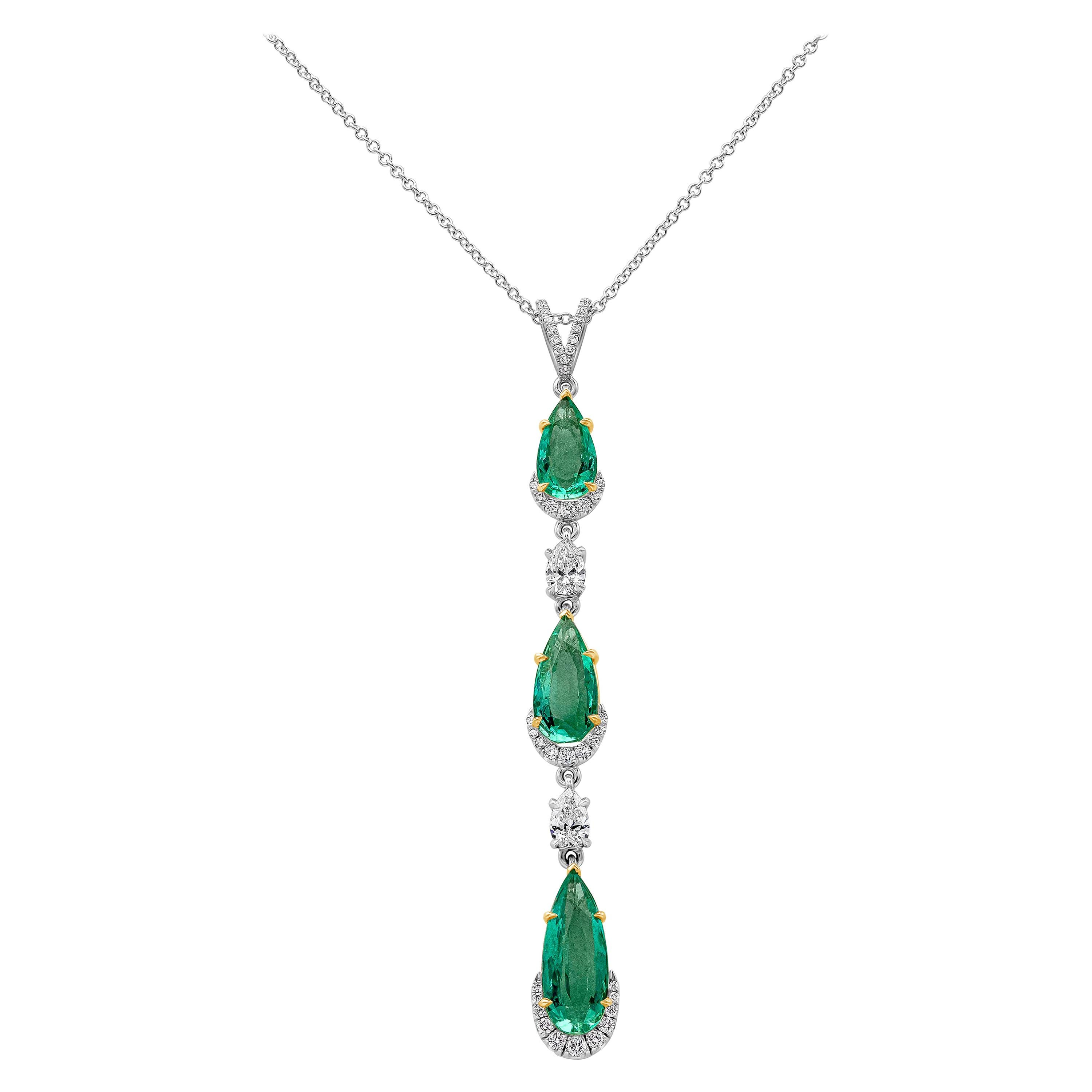 6.31 Carats Total Pear Shape Colombian Emerald and Diamond Drop Pendant Necklace