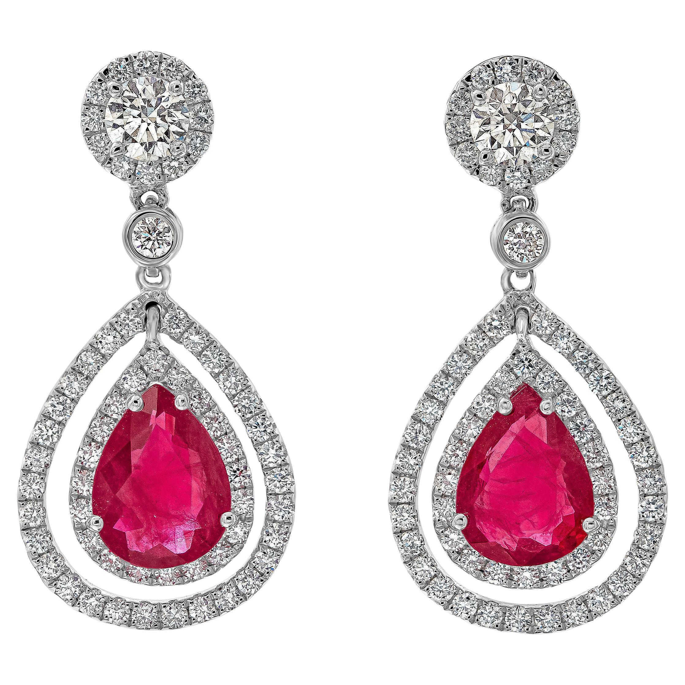 Roman Malakov 2.20 Carat Pear Shape Ruby with Diamond Double Halo Dangle Earring For Sale