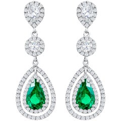 Roman Malakov, Pear Shaped Green Emerald and Diamond Double Halo Dangle Earrings