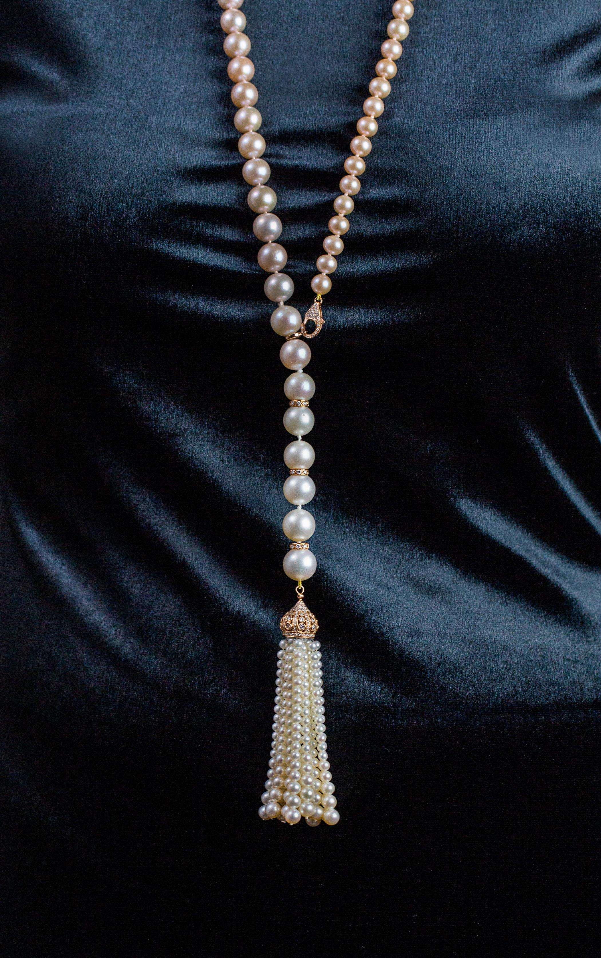 Contemporary Roman Malakov Pink and White South Sea Pearl Opera Length Tassel Necklace For Sale