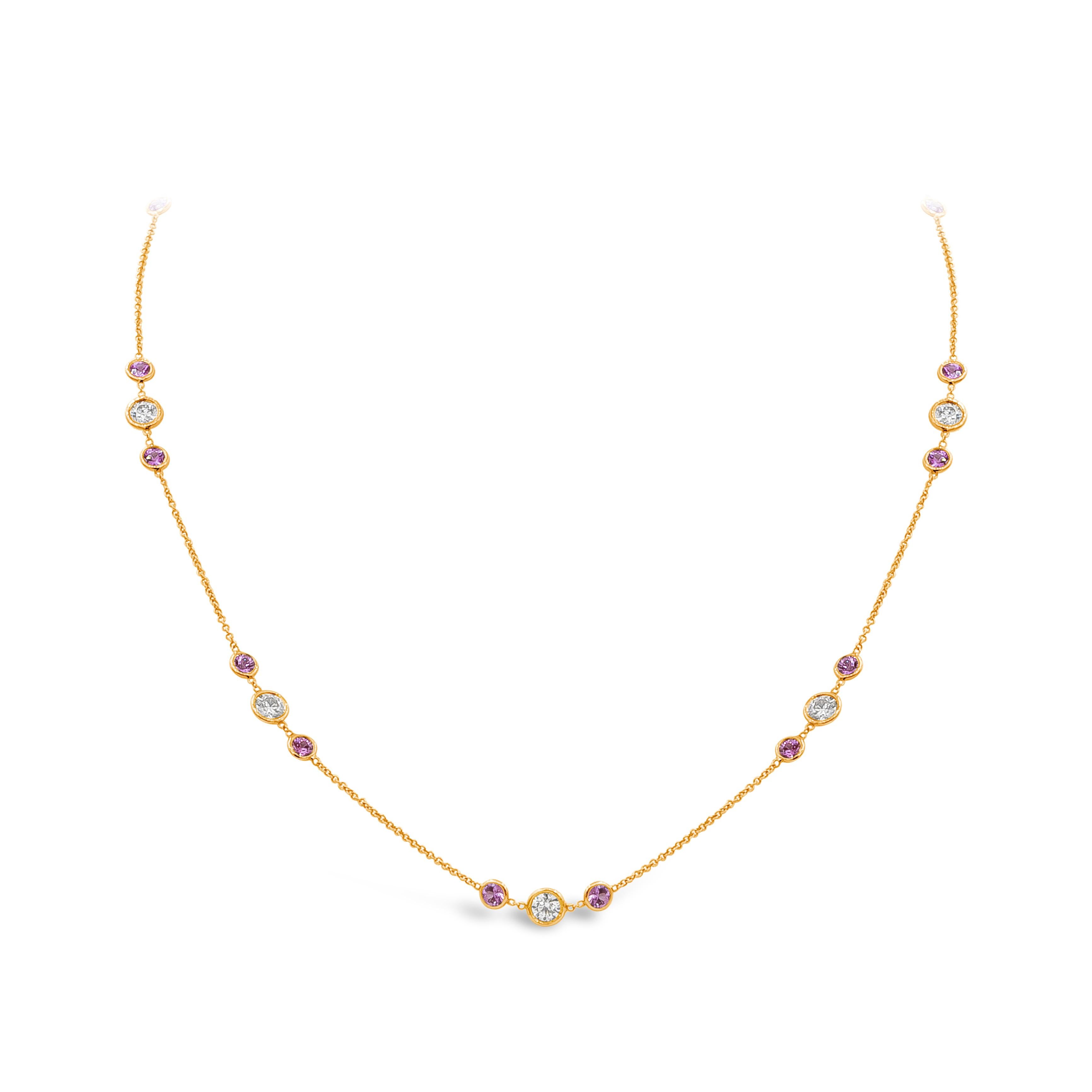 Showcasing round brilliant diamonds, accented by round pink sapphires on either side, spaced evenly in an 18 karat rose gold chain. Approximately 16 inches in length.

Style available in different price ranges. Prices are based on your selection of