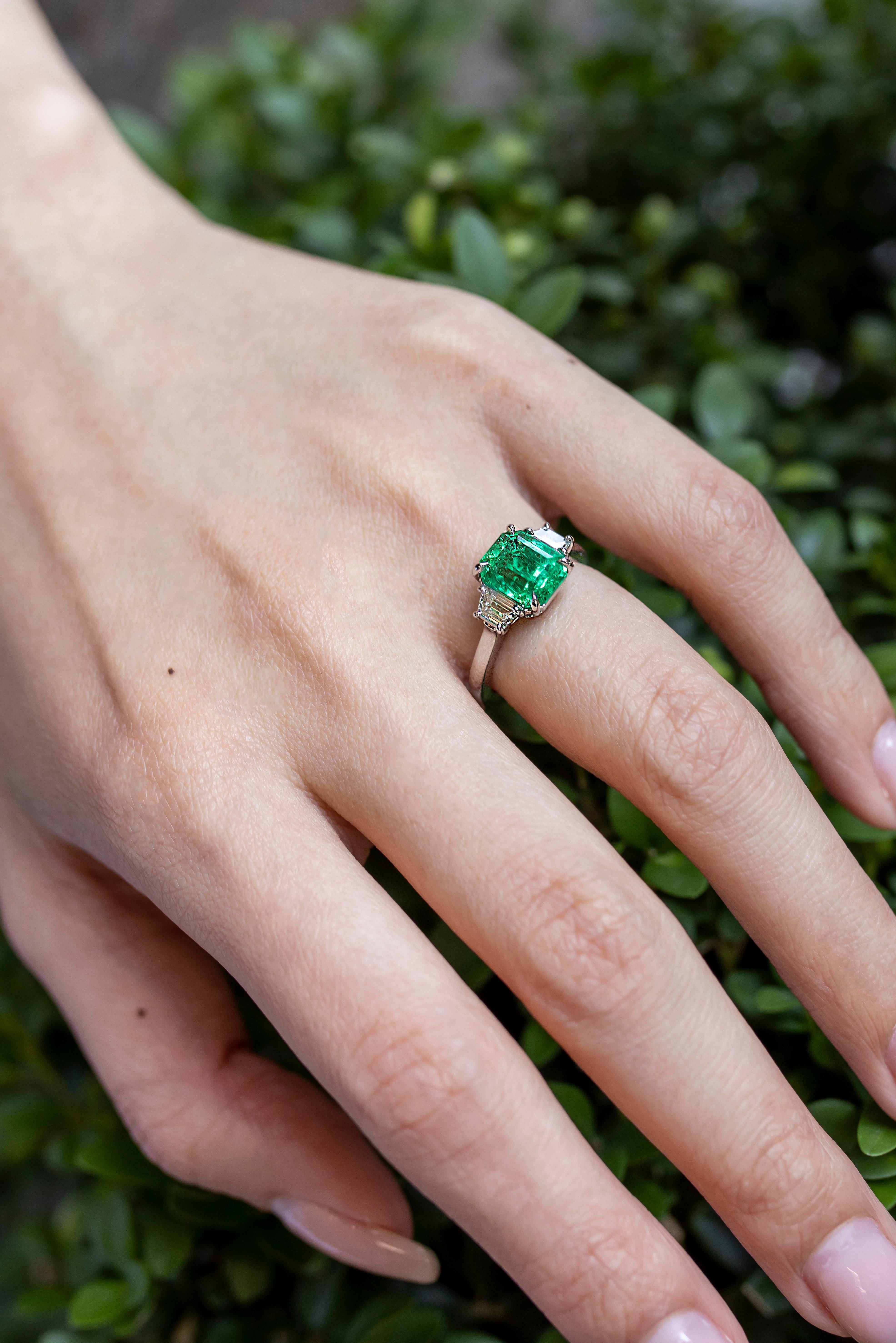 Contemporary Roman Malakov, Radiant Cut Colombian Emerald With Side Stones Engagement Ring For Sale