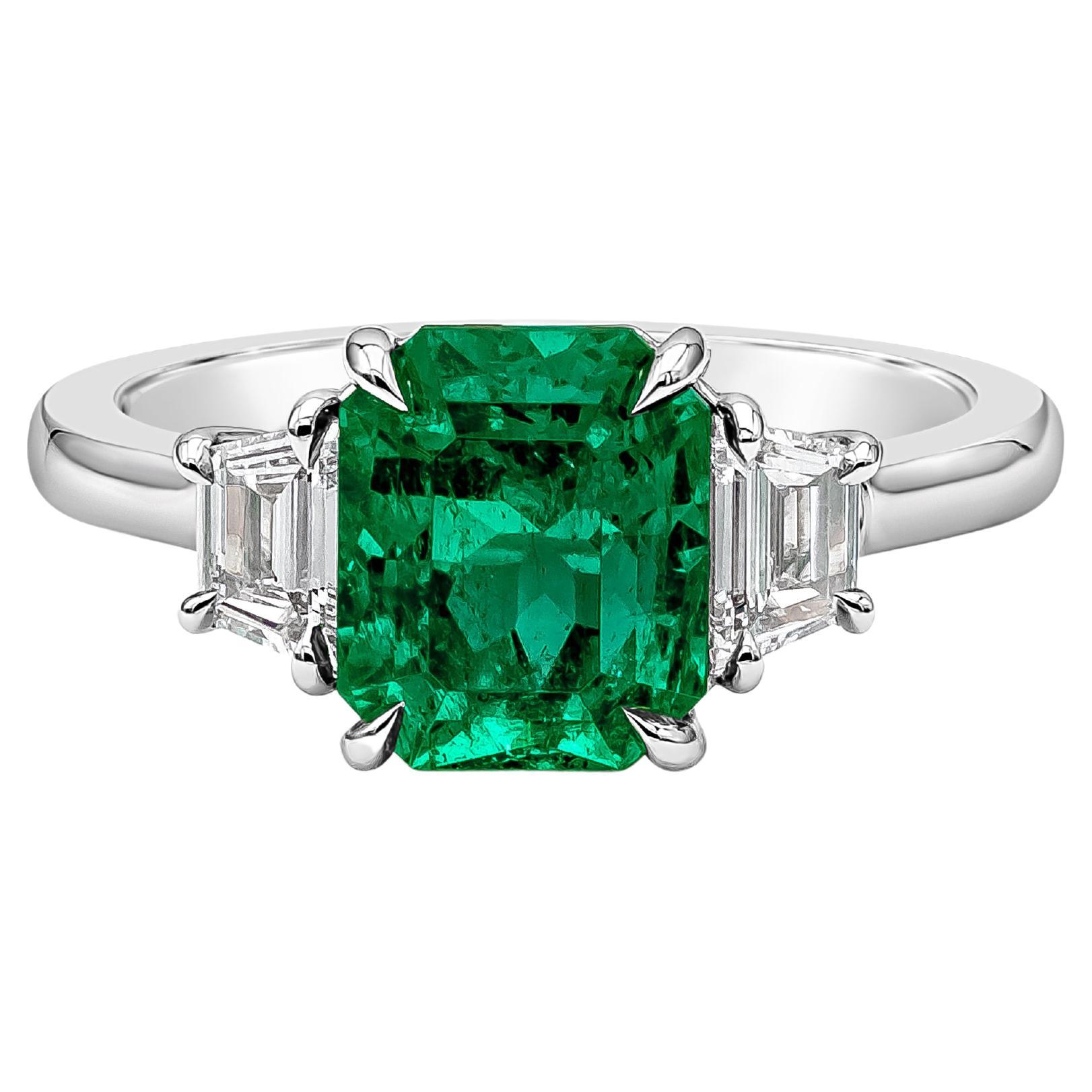 Roman Malakov, Radiant Cut Colombian Emerald With Side Stones Engagement Ring For Sale
