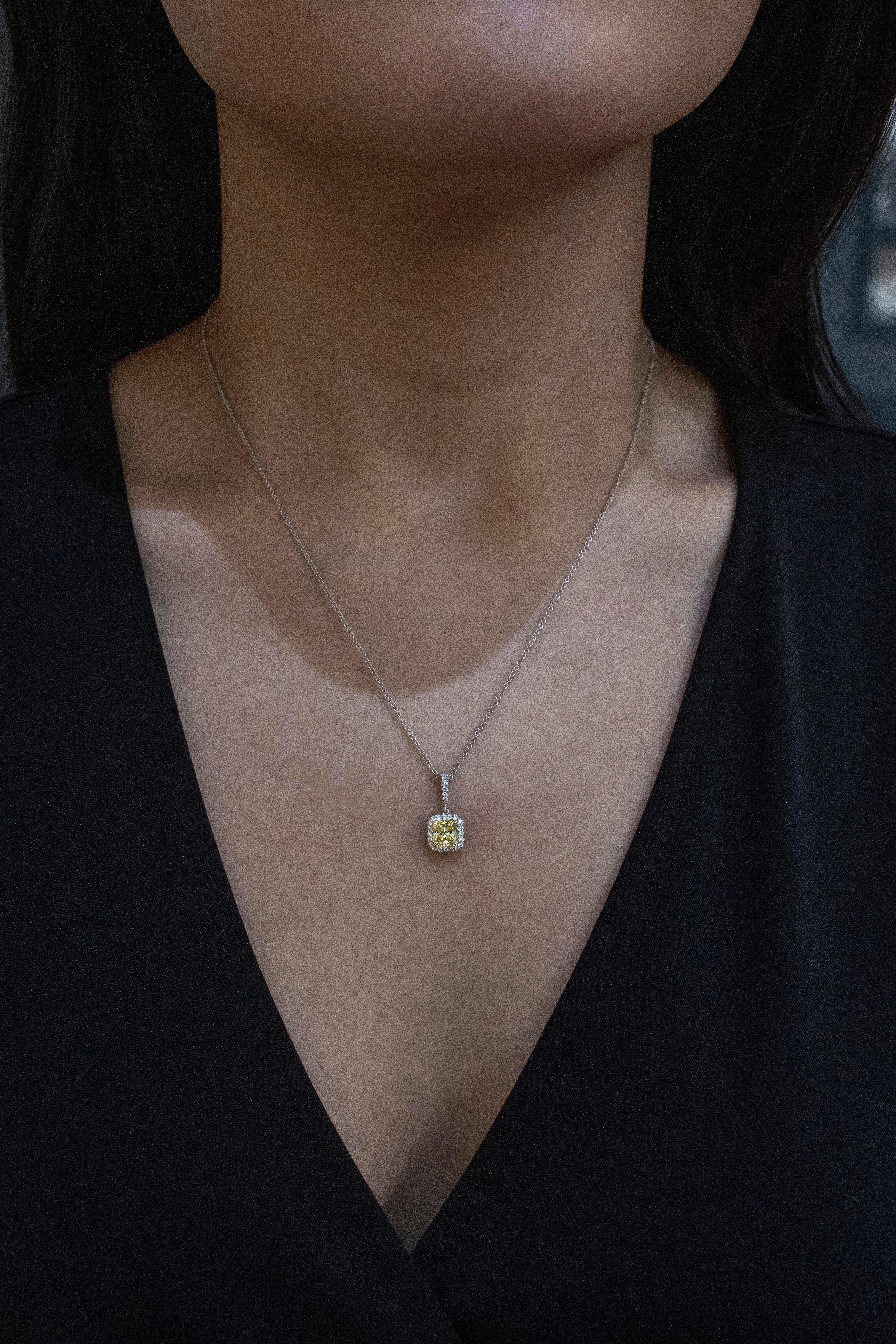 Contemporary Roman Malakov, Radiant Cut Yellow Diamond Halo Pendant Necklace For Sale