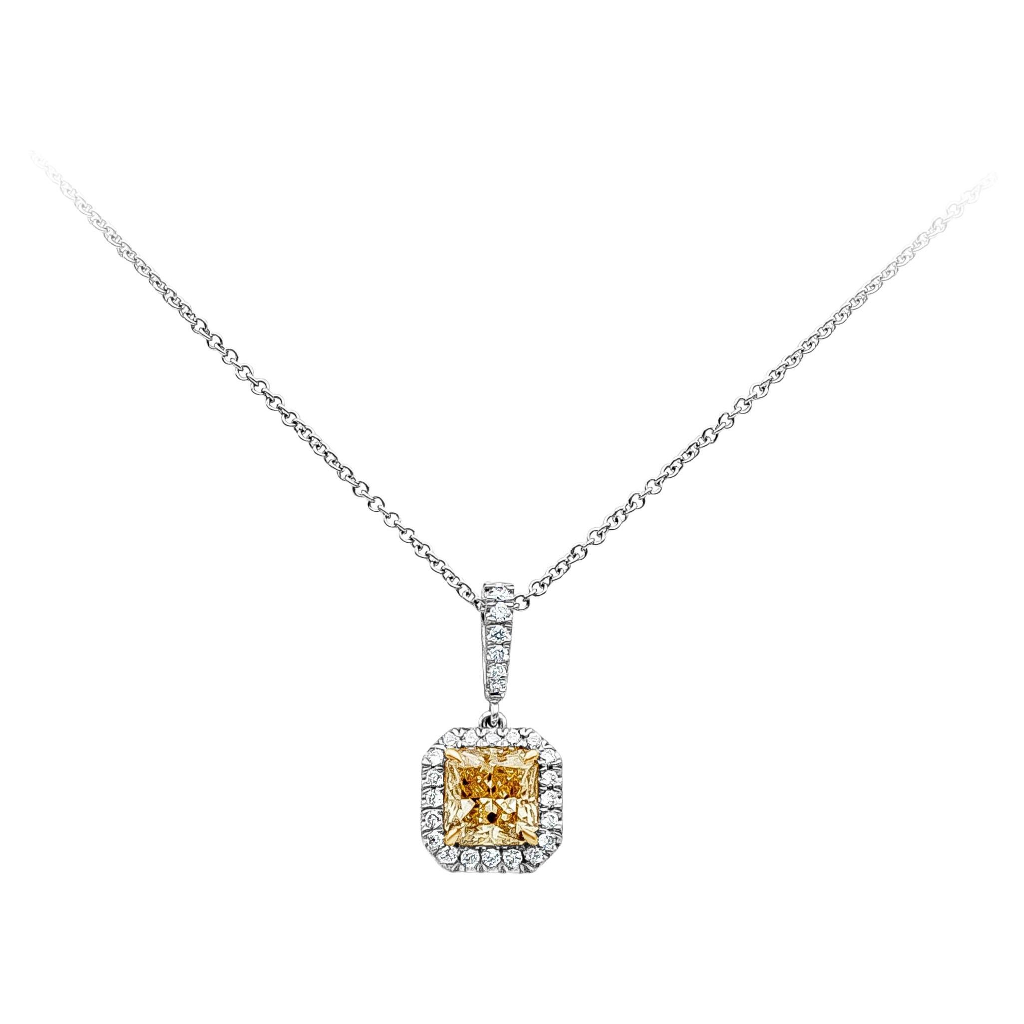 Roman Malakov, Radiant Cut Yellow Diamond Halo Pendant Necklace For Sale
