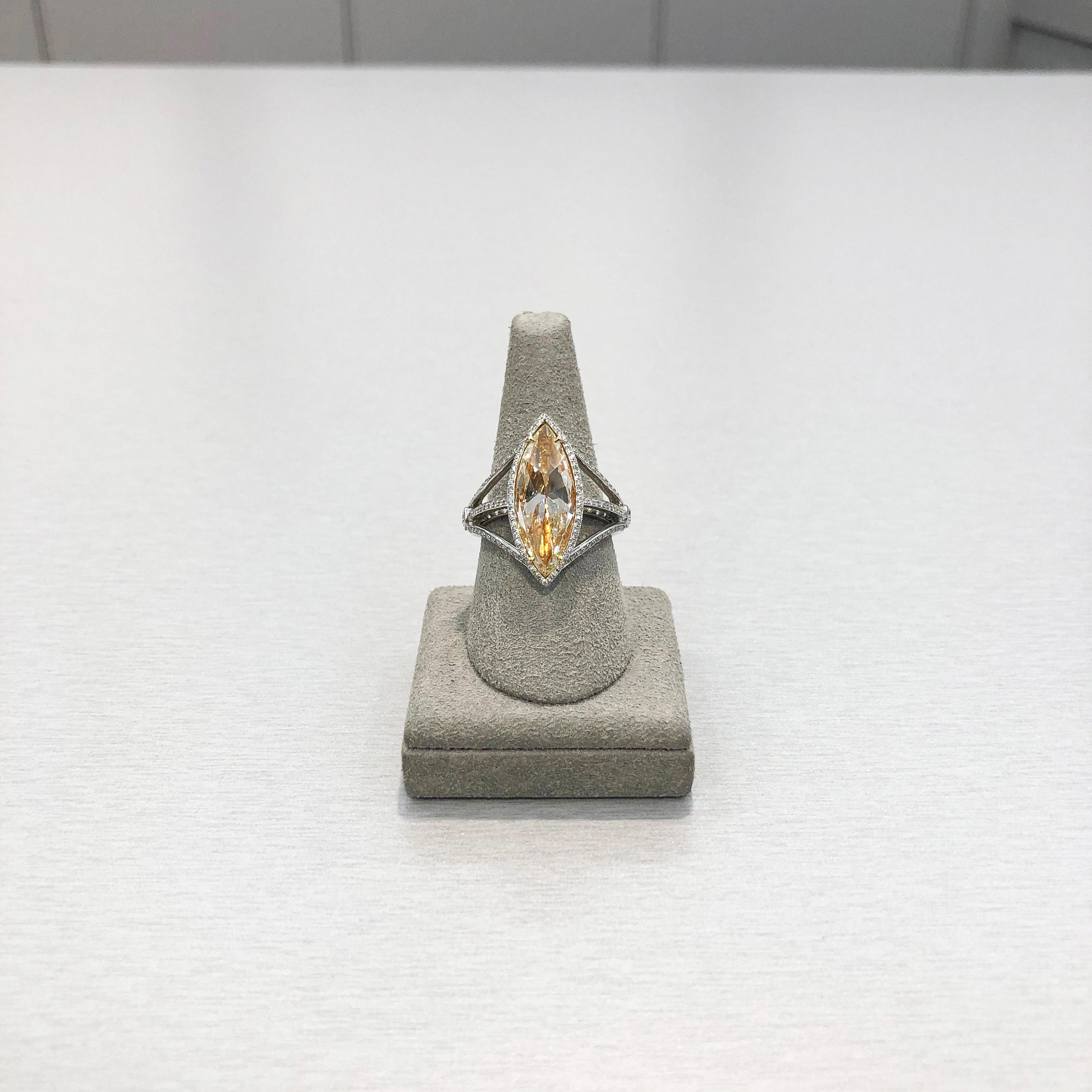 Contemporary Roman Malakov 3.58 Carats Rose Cut Marquise Yellowish Diamond Engagement Ring For Sale