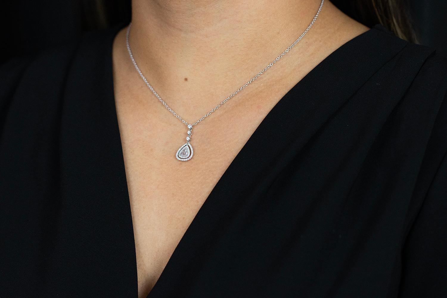 Contemporary Roman Malakov, Rose Cut Pear Shape Diamond Double Halo Drop Pendant Necklace For Sale