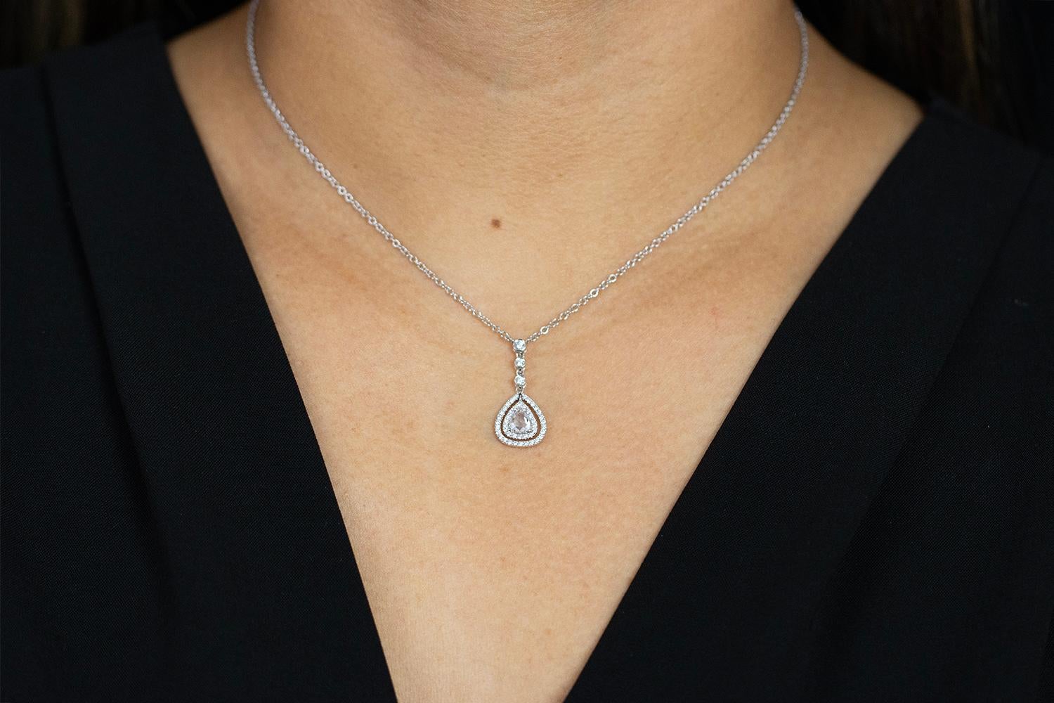 Roman Malakov, Rose Cut Pear Shape Diamond Double Halo Drop Pendant Necklace In New Condition For Sale In New York, NY