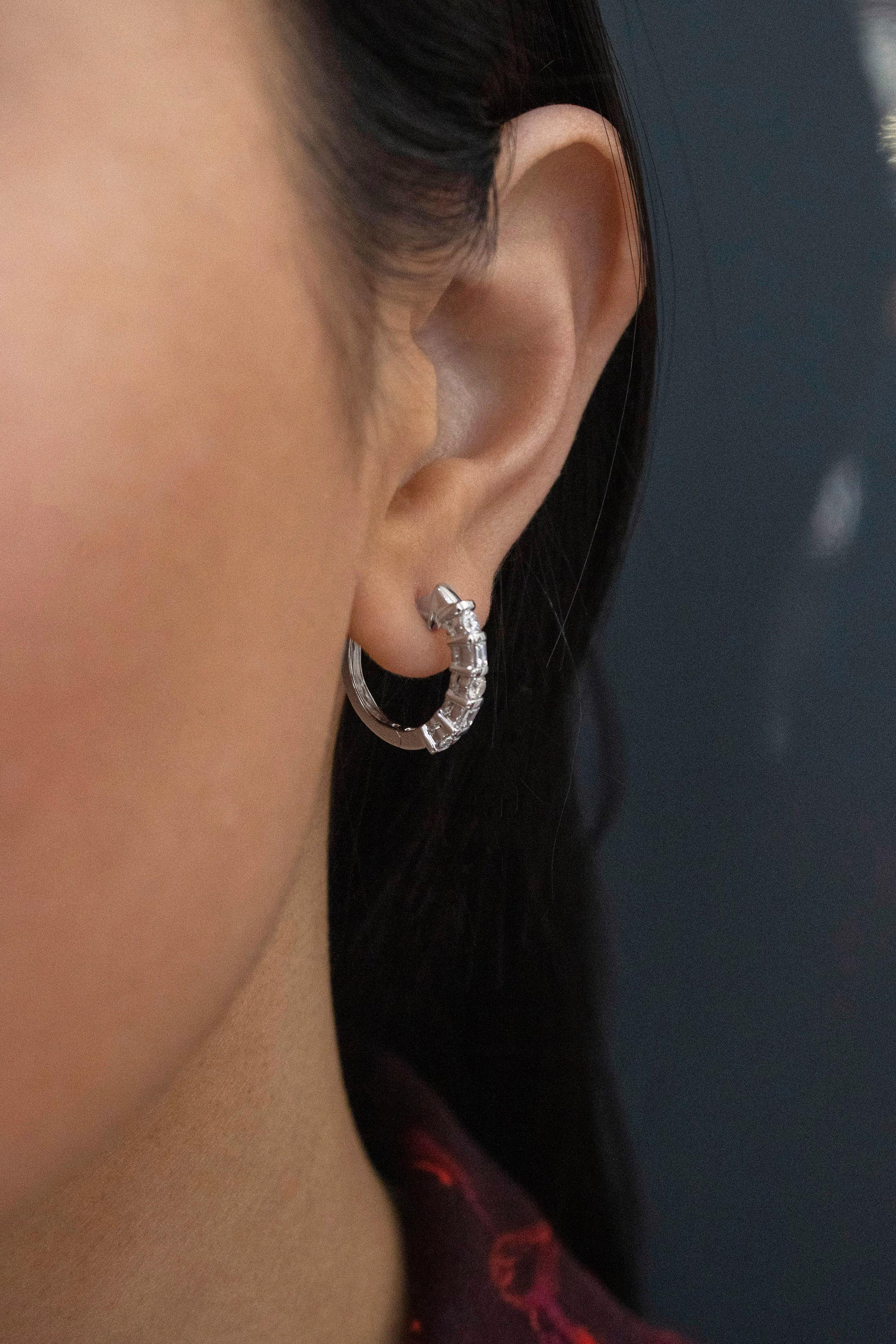 Contemporary Roman Malakov, Round and Baguette Cut Diamond Huggie Hoop Earrings