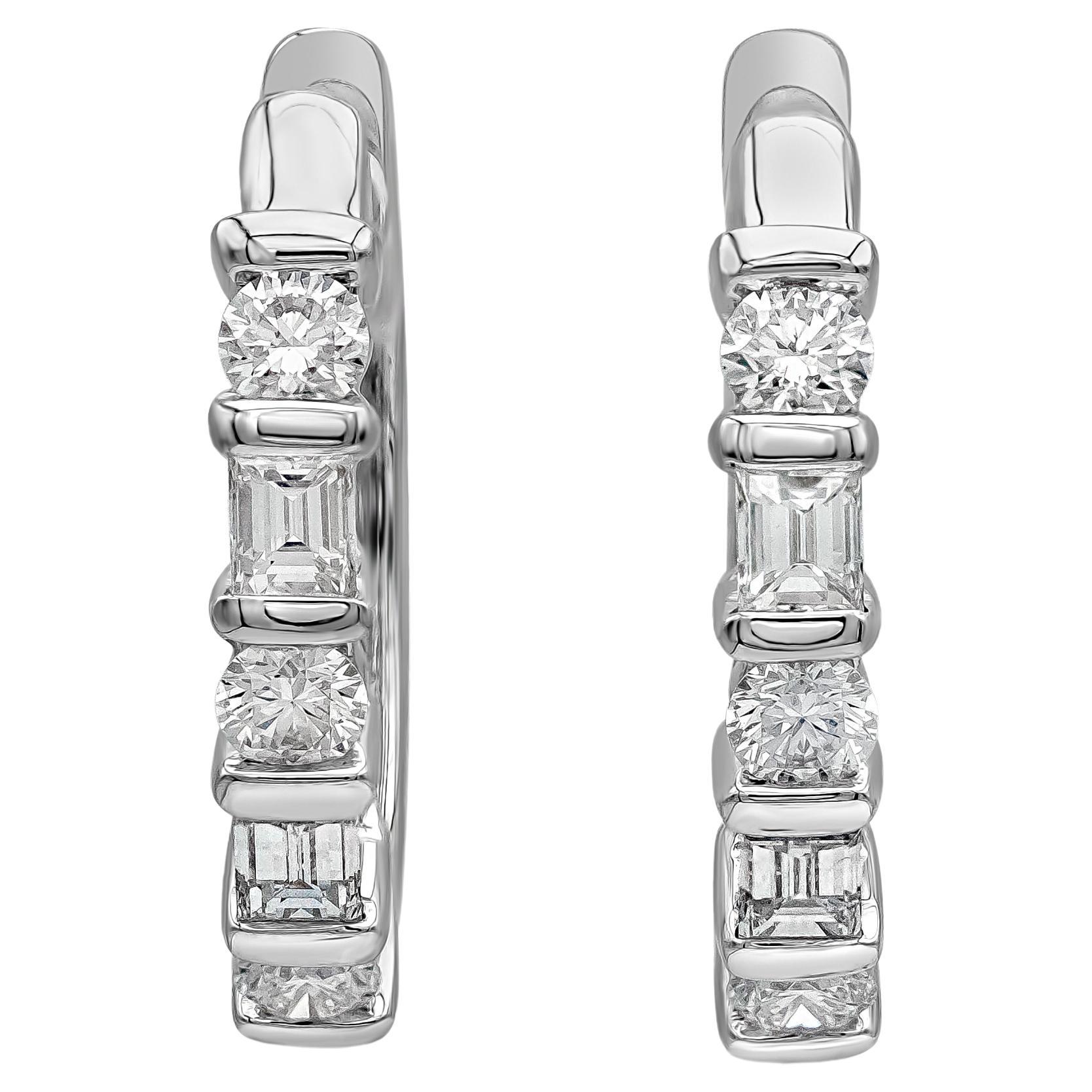 Baguette and Round Diamond Gold Huggie Hoop Earrings For Sale at